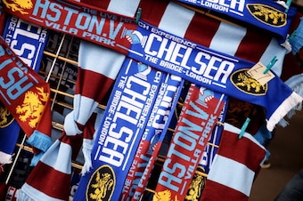 BIRMINGHAM, ENGLAND - MARCH 15:  Match scarves on sale prior to the Barclays Premier League match between Aston Villa and Chelsea at Villa Park on March 15, 2014 in Birmingham, England.  (Photo by Michael Regan/Getty Images)