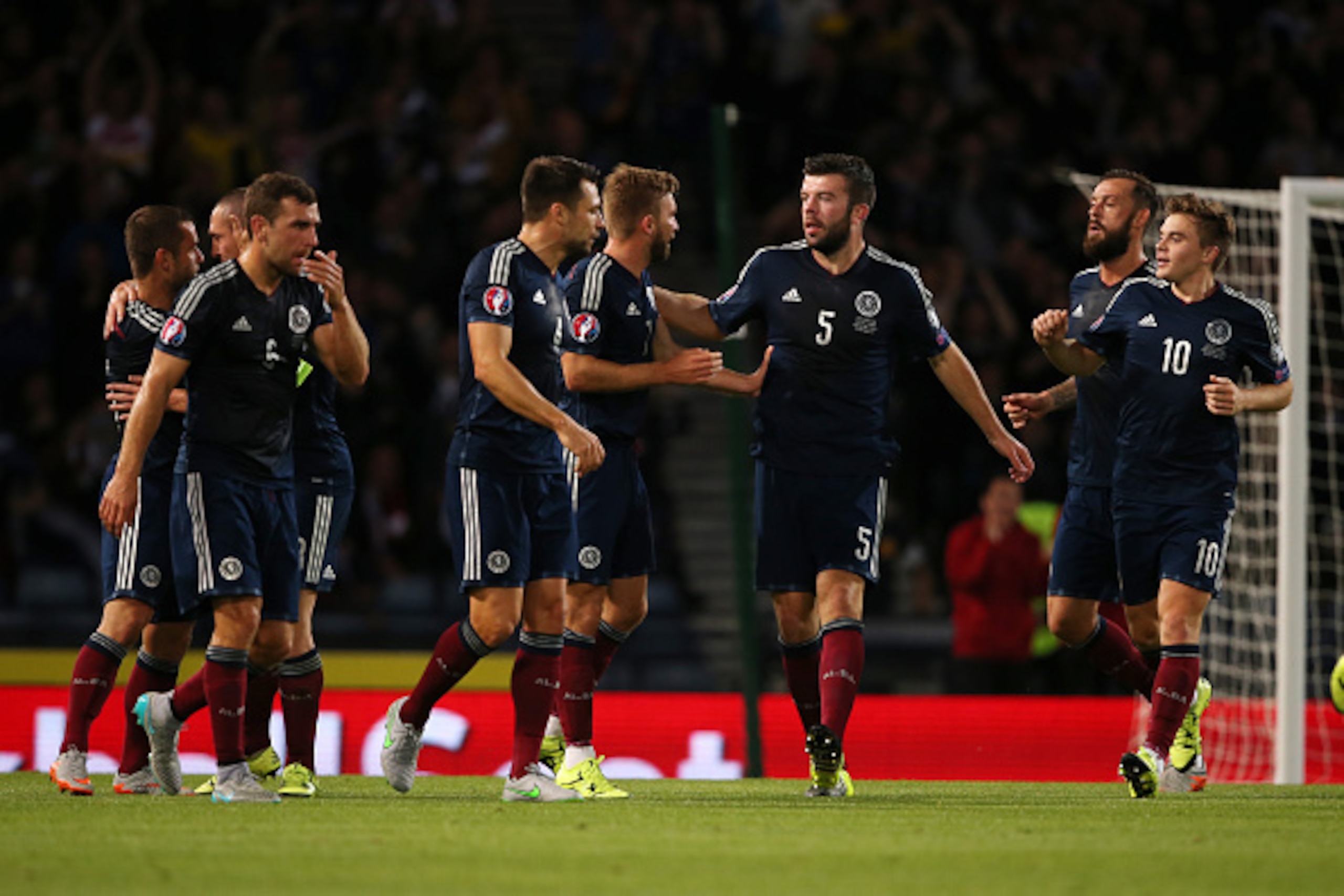 GLASGOW, SCOTLAND - SEPTEMBER 07:  Scotland celebrate after Mats Hummels of Germany scored an own goal to make it 1-1 during the UEFA EURO 2016 Qualifier Group D - Scotland v Germany at Hampden Park on September 7, 2015 in Glasgow, Scotland.  (Photo by Ma