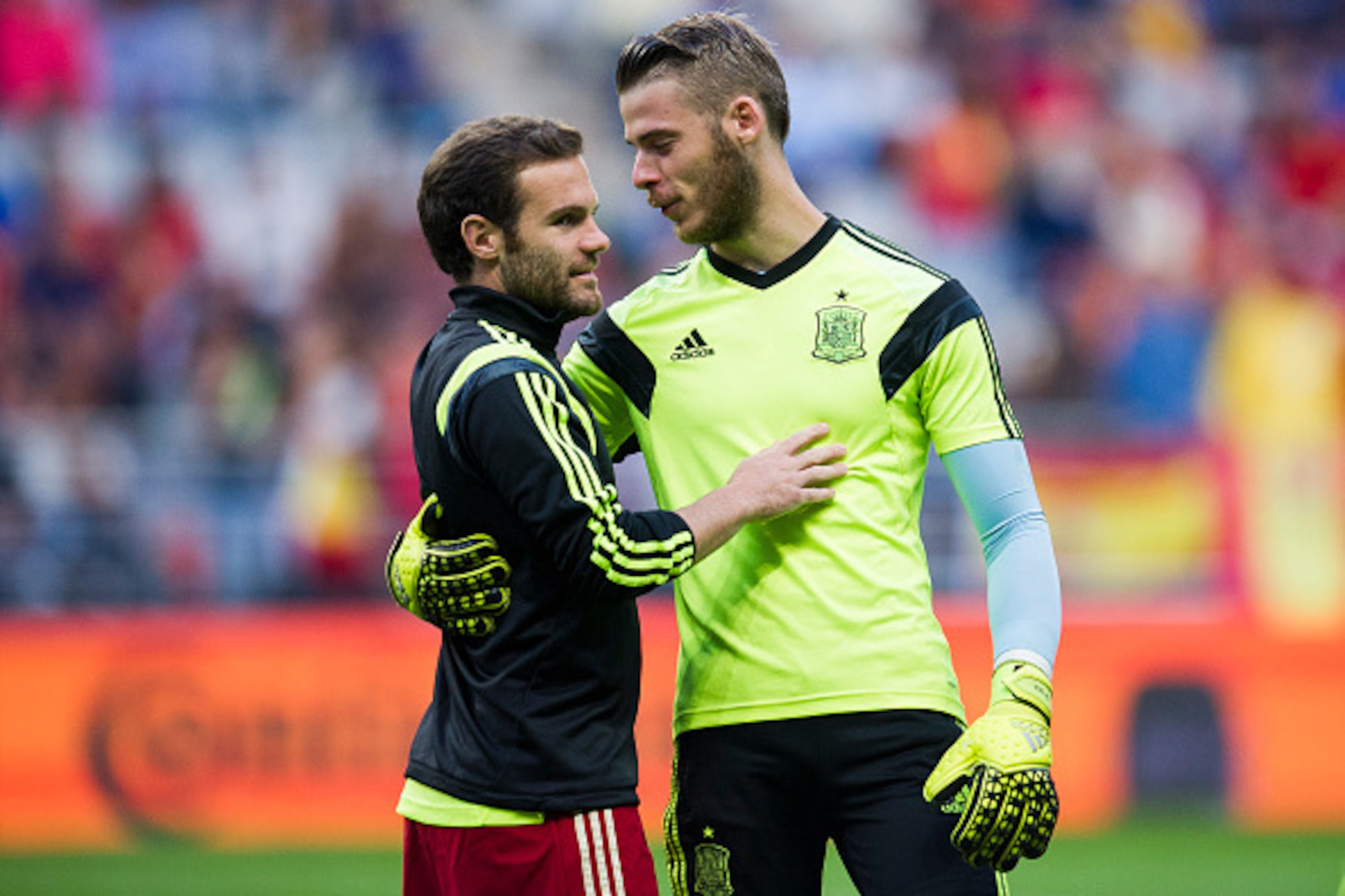 OVIEDO, SPAIN - SEPTEMBER 05:  Juan Mata and David De Gea of Spain reacts prior to the start the Spain v Slovakia EURO 2016 Qualifier at Carlos Tartiere on September 5, 2015 in Oviedo, Spain.  (Photo by Juan Manuel Serrano Arce/Getty Images)