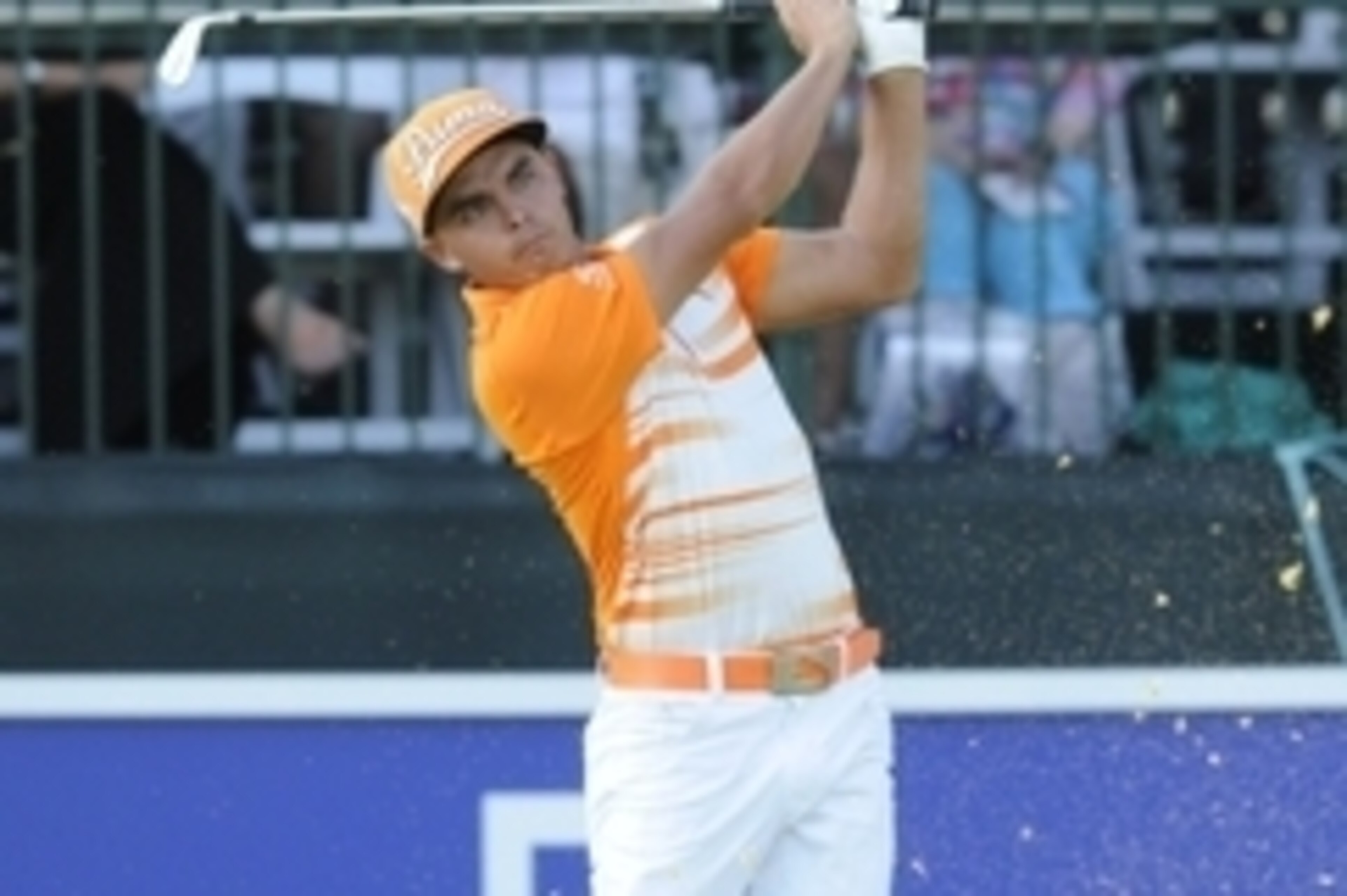 Sep 7, 2015; Norton, MA, USA; Rickie Fowler hits his tee shot on the 16th hole during the final round of the Deutsche Bank Championship at TPC of Boston. Mandatory Credit: Mark Konezny-USA TODAY Sports