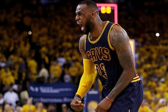 OAKLAND, CA - JUNE 07:  LeBron James #23 of the Cleveland Cavaliers celebrates their 95 to 93 win over the Golden State Warriors in overtime  during Game Two of the 2015 NBA Finals at ORACLE Arena on June 7, 2015 in Oakland, California. NOTE TO USER: User