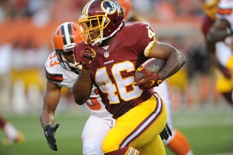 Aug 13, 2015; Cleveland, OH, USA; Washington Redskins running back Alfred Morris (46) runs the ball during the first quarter against the Cleveland Browns in a preseason NFL football game at FirstEnergy Stadium. Mandatory Credit: Ken Blaze-USA TODAY Sports