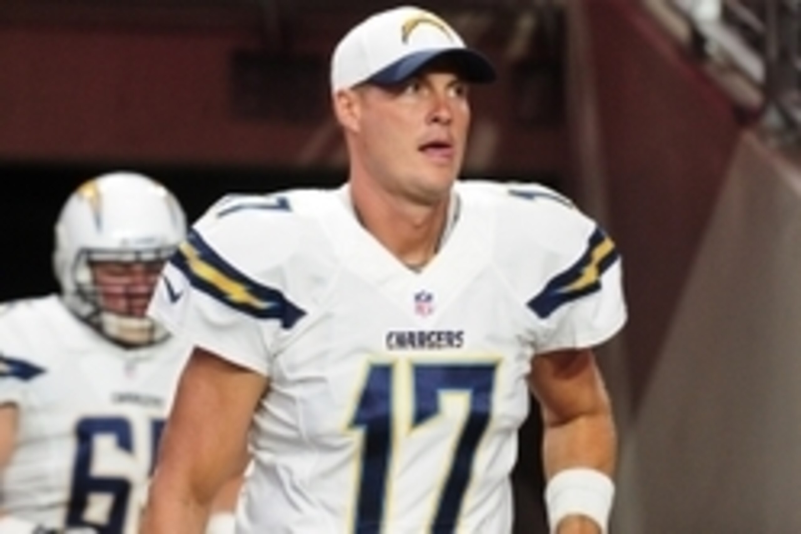 Aug 22, 2015; Glendale, AZ, USA; San Diego Chargers quarterback Philip Rivers (17) looks on prior to the game against the Arizona Cardinals at University of Phoenix Stadium. Mandatory Credit: Matt Kartozian-USA TODAY Sports