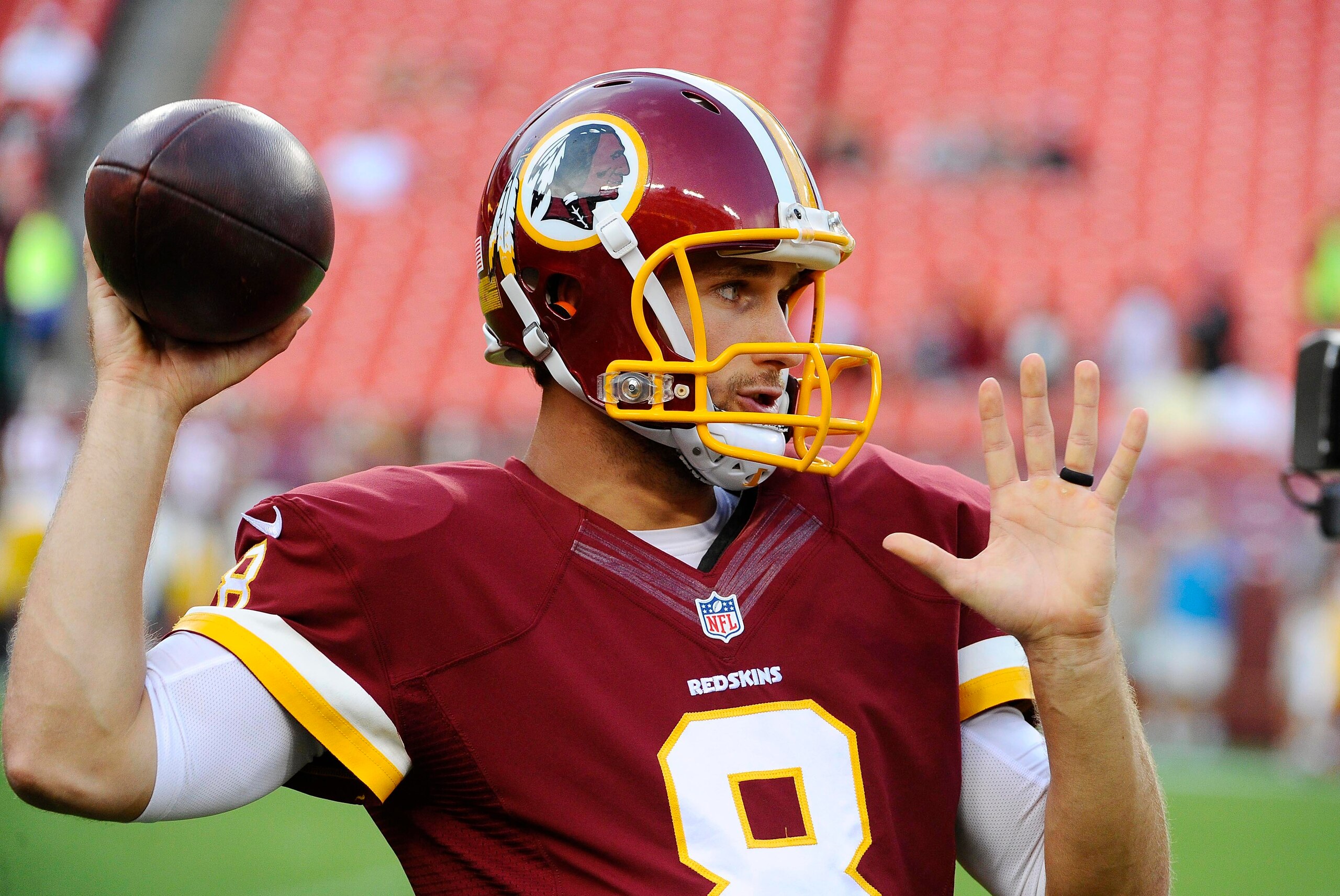 Sep 3, 2015; Landover, MD, USA; Washington Redskins quarterback Kirk Cousins (8) warms up before the game between the Washington Redskins and the Jacksonville Jaguars at FedEx Field. Mandatory Credit: Brad Mills-USA TODAY Sports Sep 3, 2015; Landover, MD, USA; Washington Redskins quarterback Kirk Cousins (8) warms up before the game between the Washington Redskins and the Jacksonville Jaguars at FedEx Field. Mandatory Credit: Brad Mills-USA TODAY Sports