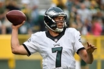 Aug 29, 2015; Green Bay, WI, USA; Philadelphia Eagles quarterback Sam Bradford (7) warms up before game against the Green Bay Packers at Lambeau Field. Mandatory Credit: Benny Sieu-USA TODAY Sports