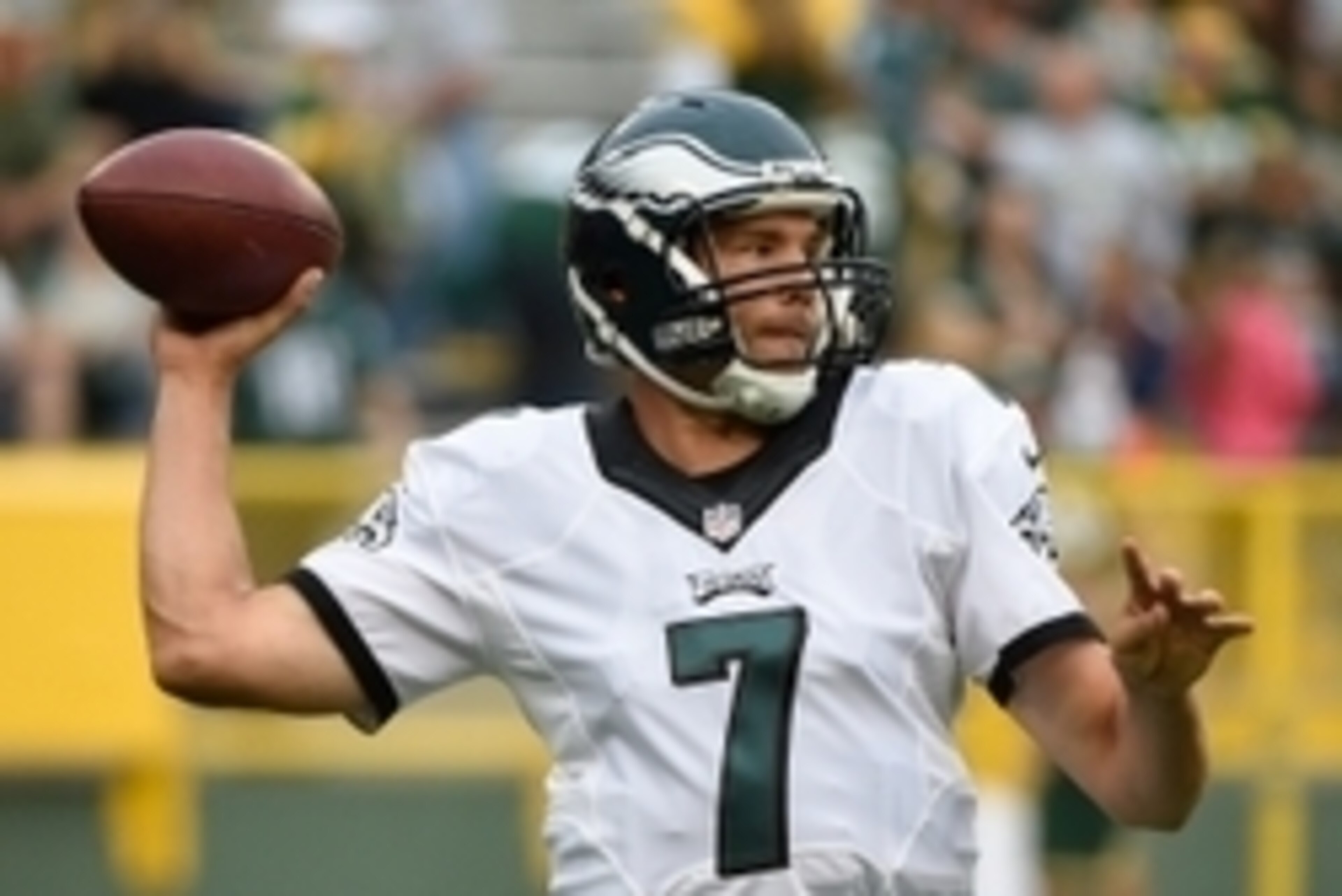 Aug 29, 2015; Green Bay, WI, USA; Philadelphia Eagles quarterback Sam Bradford (7) warms up before game against the Green Bay Packers at Lambeau Field. Mandatory Credit: Benny Sieu-USA TODAY Sports