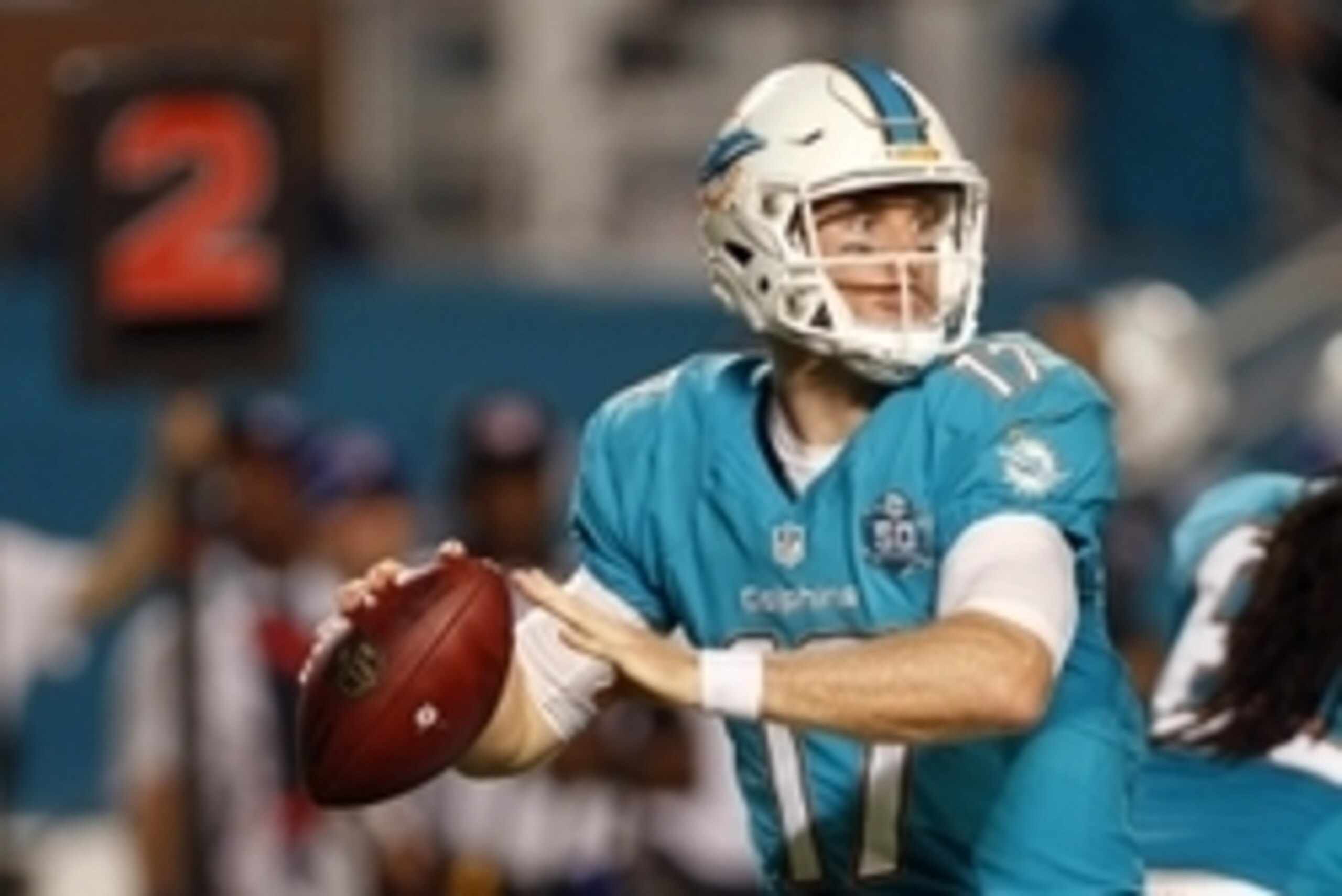 Aug 29, 2015;  Miami Gardens, FL, USA; Miami Dolphins quarterback Ryan Tannehill in the first half against the Atlanta Falcons at Sun Life Stadium. Mandatory Credit: Andrew Innerarity-USA TODAY Sports