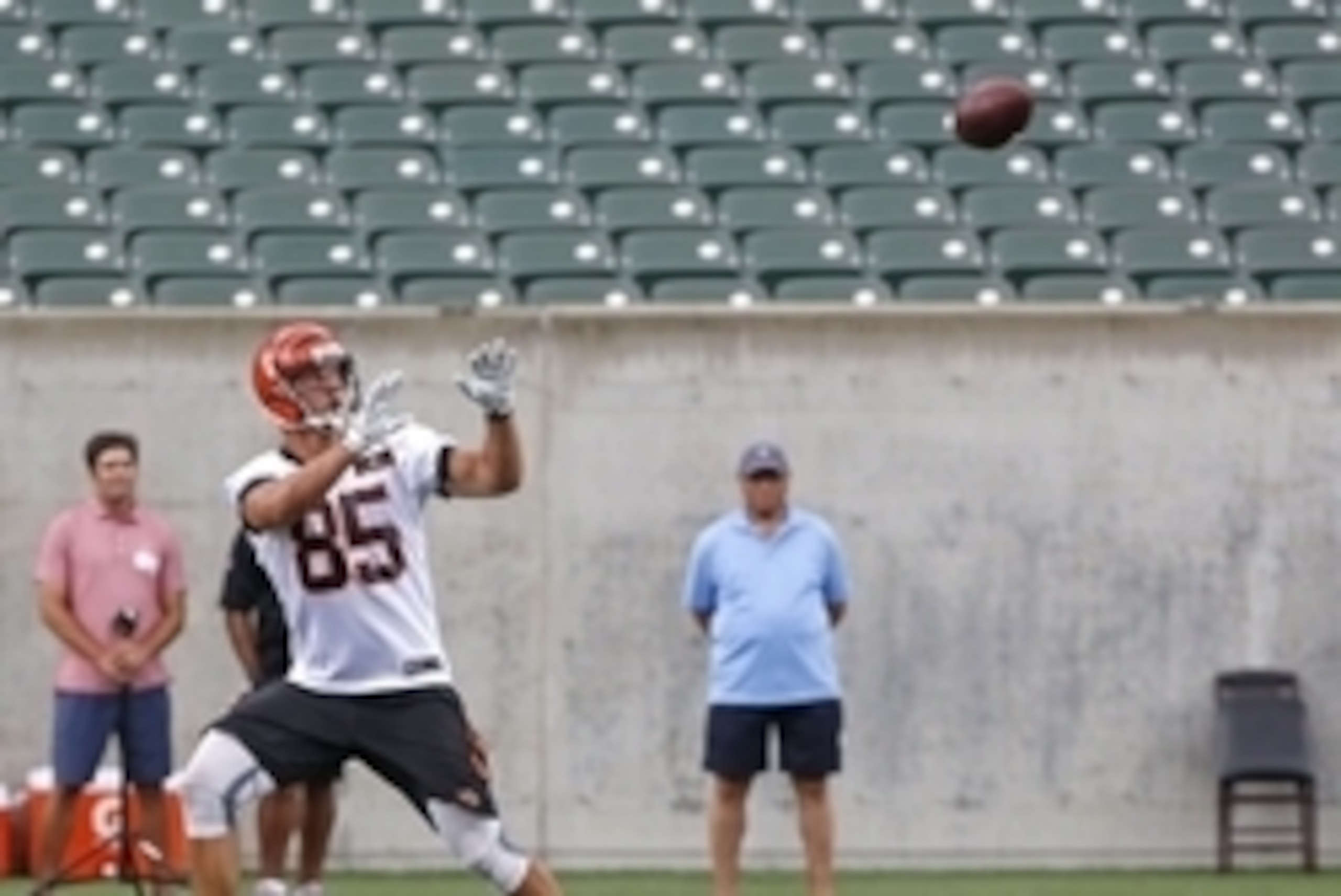 Jun 16, 2015; Cincinnati, OH, USA; Cincinnati Bengals tight end Tyler Eifert (85) makes a catch during minicamp at Paul Brown Stadium. Mandatory Credit: Aaron Doster-USA TODAY Sports