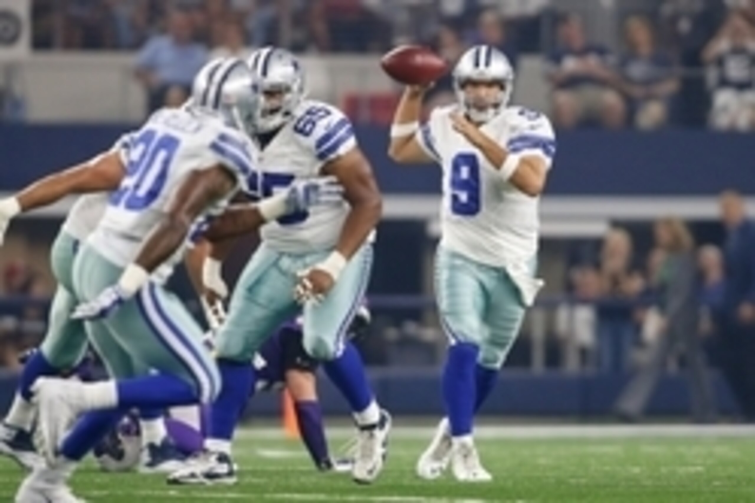 Aug 29, 2015; Arlington, TX, USA; Dallas Cowboys quarterback Tony Romo (9) throws a pass in the game against the Minnesota Vikings at AT&T Stadium. Minnesota won 28-14. Mandatory Credit: Tim Heitman-USA TODAY Sports
