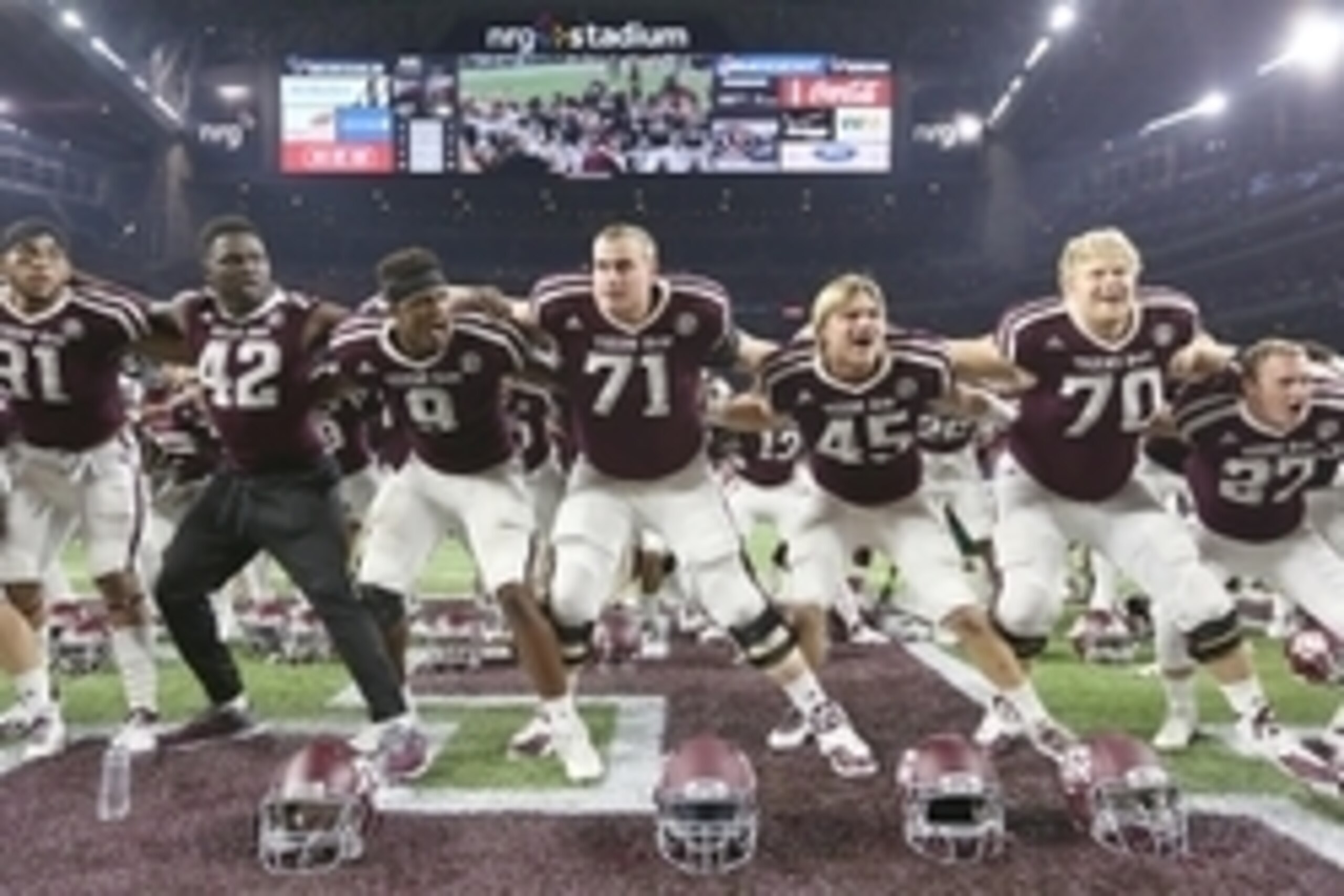 Sep 5, 2015; Houston, TX, USA; Texas A&M Aggies players celebrate after defeating Arizona State Sun Devils at NRG Stadium. Aggies won 38 to 17. Mandatory Credit: Thomas B. Shea-USA TODAY Sports