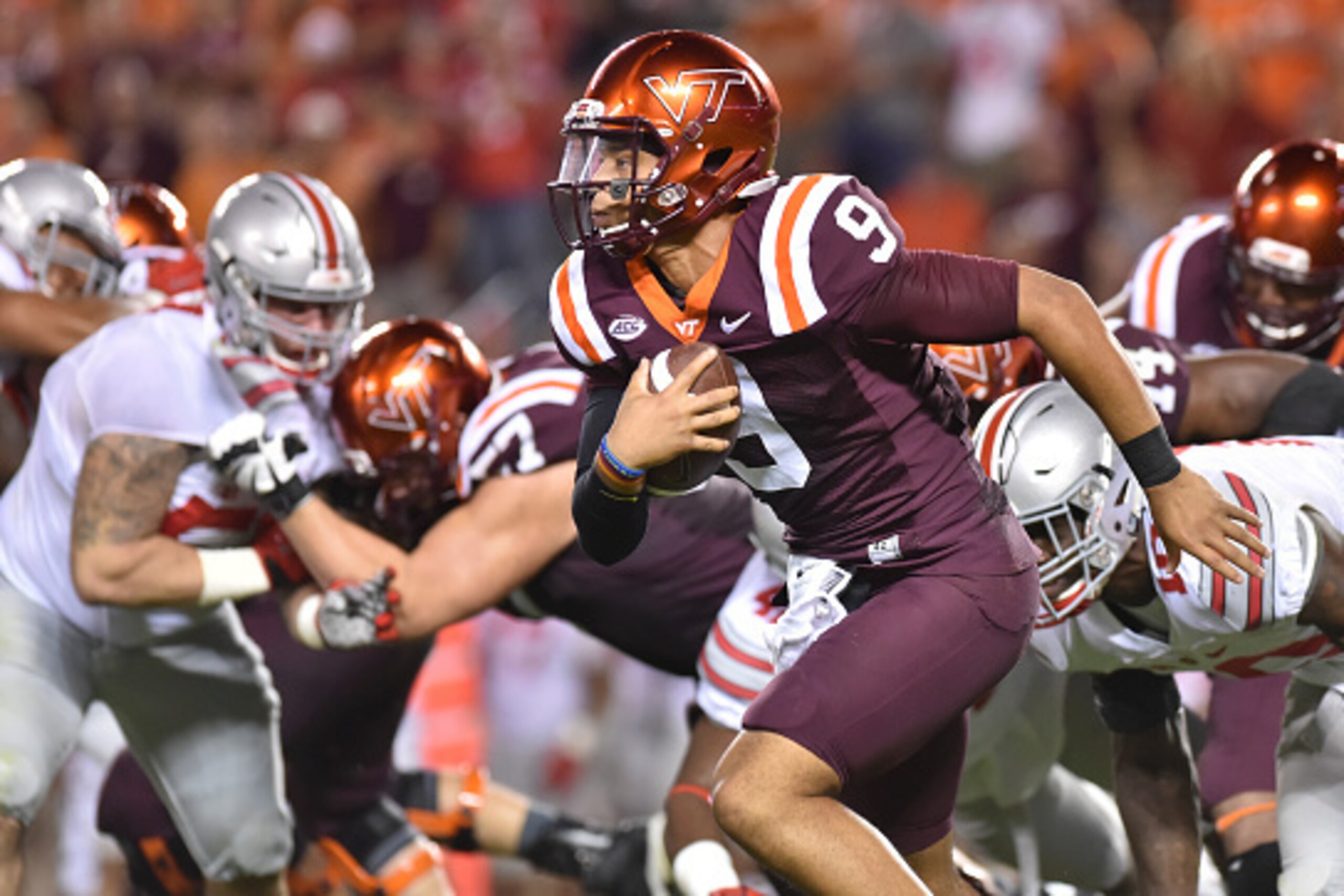 BLACKSBURG, VA - SEPTEMBER 7: Quarterback Brenden Motley #9 of the Virginia Tech Hokies carries the ball against the Ohio State Buckeyes in the second half at Lane Stadium on September 7, 2015 in Blacksburg, Virginia. Ohio State defeated Virginia Tech 42-