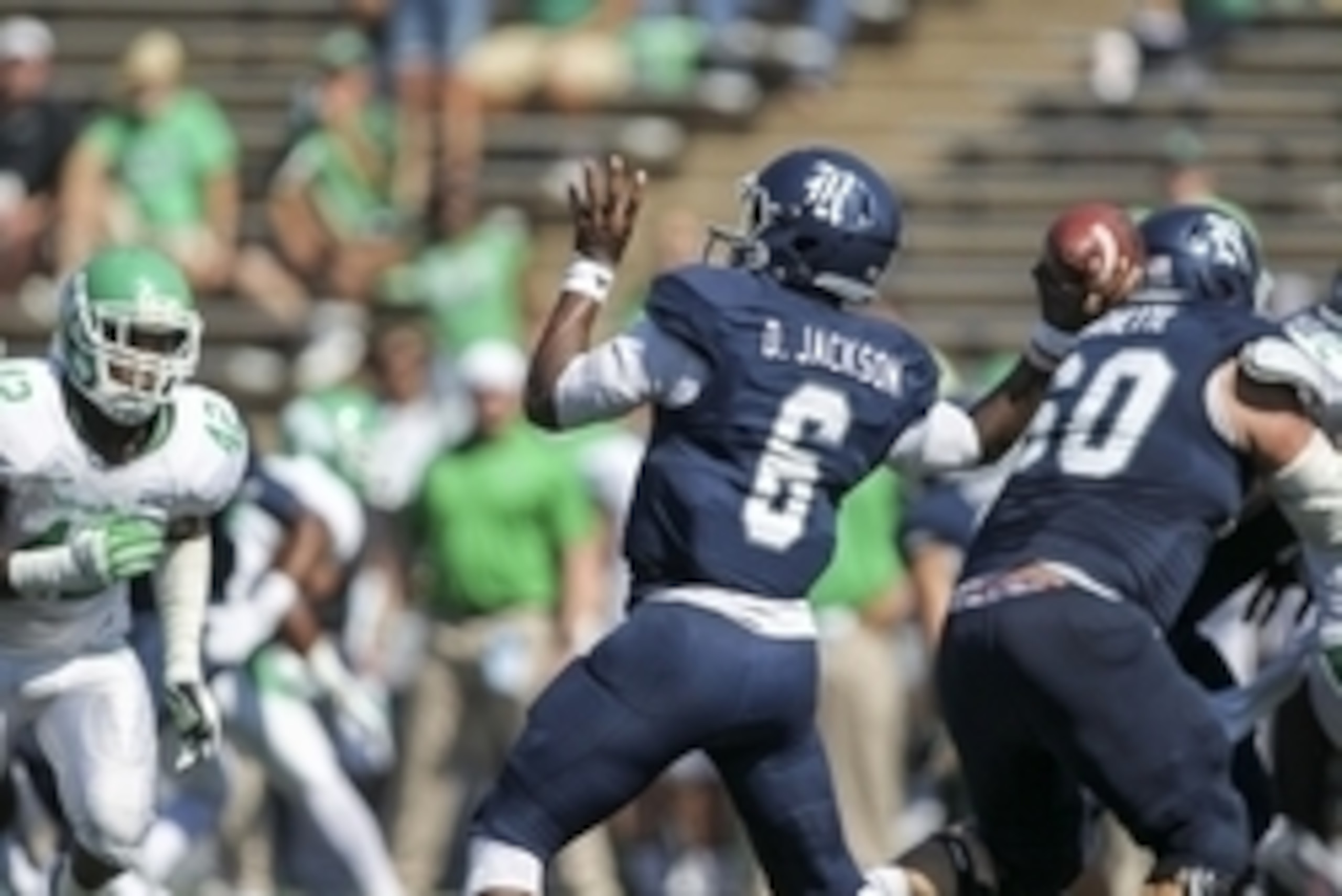 Oct 25, 2014; Houston, TX, USA; Rice Owls quarterback Driphus Jackson (6) attempts a pass during the fourth quarter against the North Texas Mean Green at Rice Stadium. Mandatory Credit: Troy Taormina-USA TODAY Sports