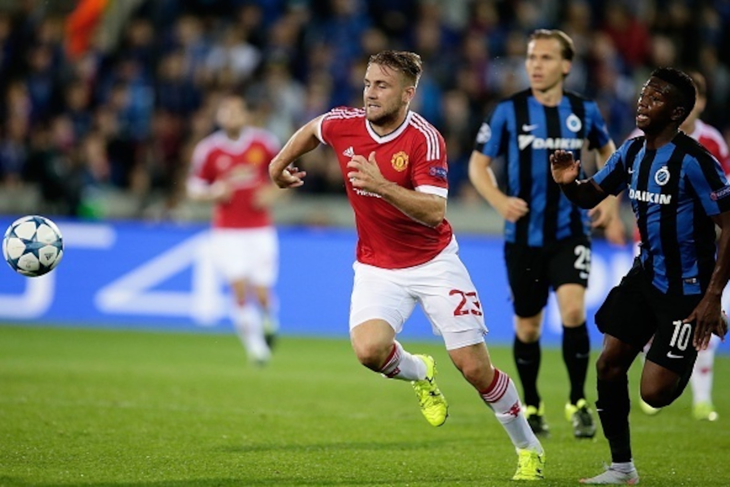 Luke Shaw of Manchester United, Abdoulay Diaby of Club Brugge during the UEFA Champions League play-offs match between Club Brugge and Manchester United on August 26, 2015 at the Jan Breydel stadium in Brugge, Belgium.(Photo by VI Images via Getty Images)