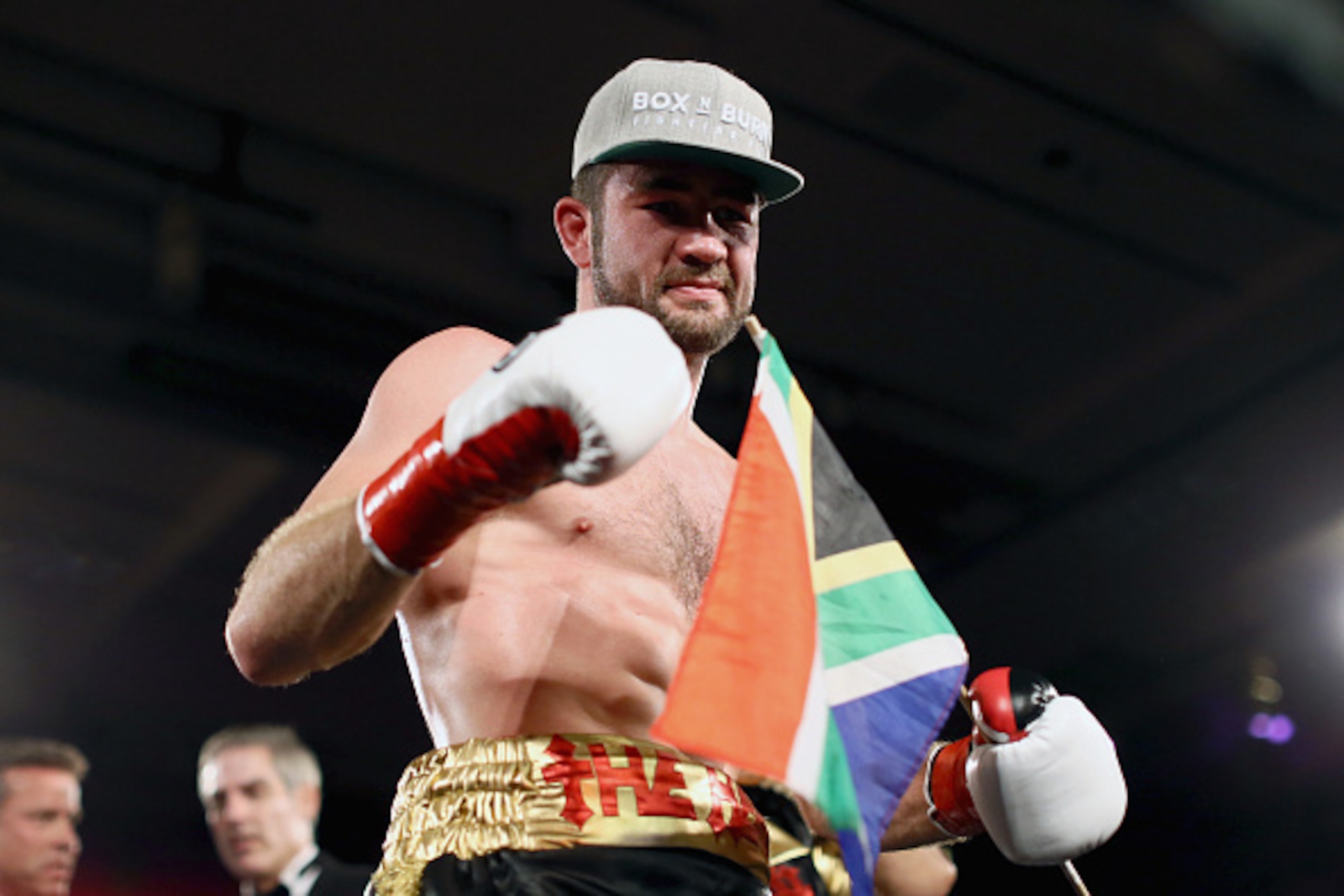 HOLLYWOOD, CA - MAY 13:   Boxer Chris Van Heerden celebrates his win during the B. Riley & Co. And Sugar Ray Leonard Foundation's 6th Annual 'Big Fighters, Big Cause' Charity Boxing Night at The Ray Dolby Ballroom on May 13, 2015 in Hollywood, California.