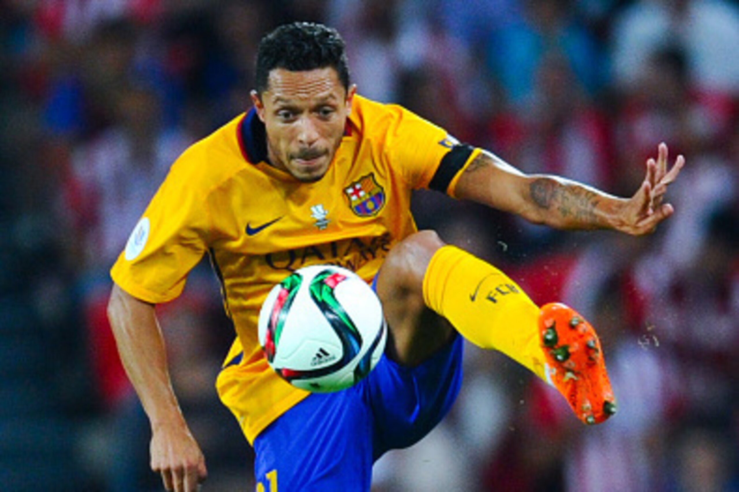 BILBAO, SPAIN - AUGUST 14:  Adriano Correia of FC Barcelona controls the ball during the Spanish Super Cup first leg match between FC Barcelona and Athletic Club at San Mames Stadium on August 14, 2015 in Bilbao, Spain.  (Photo by David Ramos/Getty Images