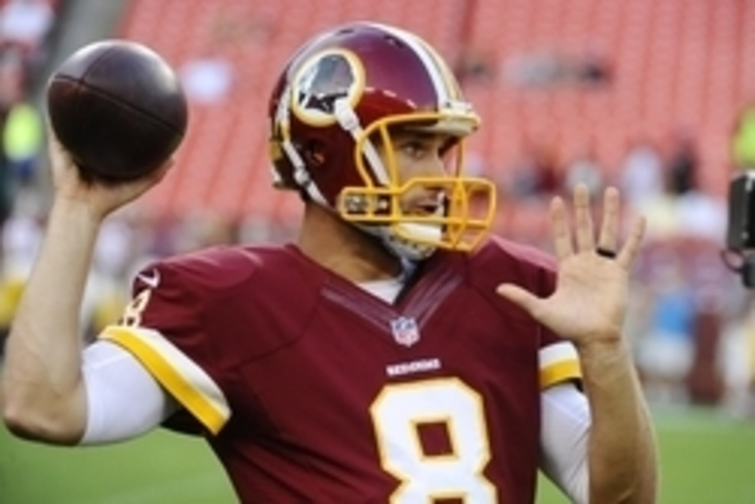 Sep 3, 2015; Landover, MD, USA; Washington Redskins quarterback Kirk Cousins (8) warms up before the game between the Washington Redskins and the Jacksonville Jaguars at FedEx Field. Mandatory Credit: Brad Mills-USA TODAY Sports