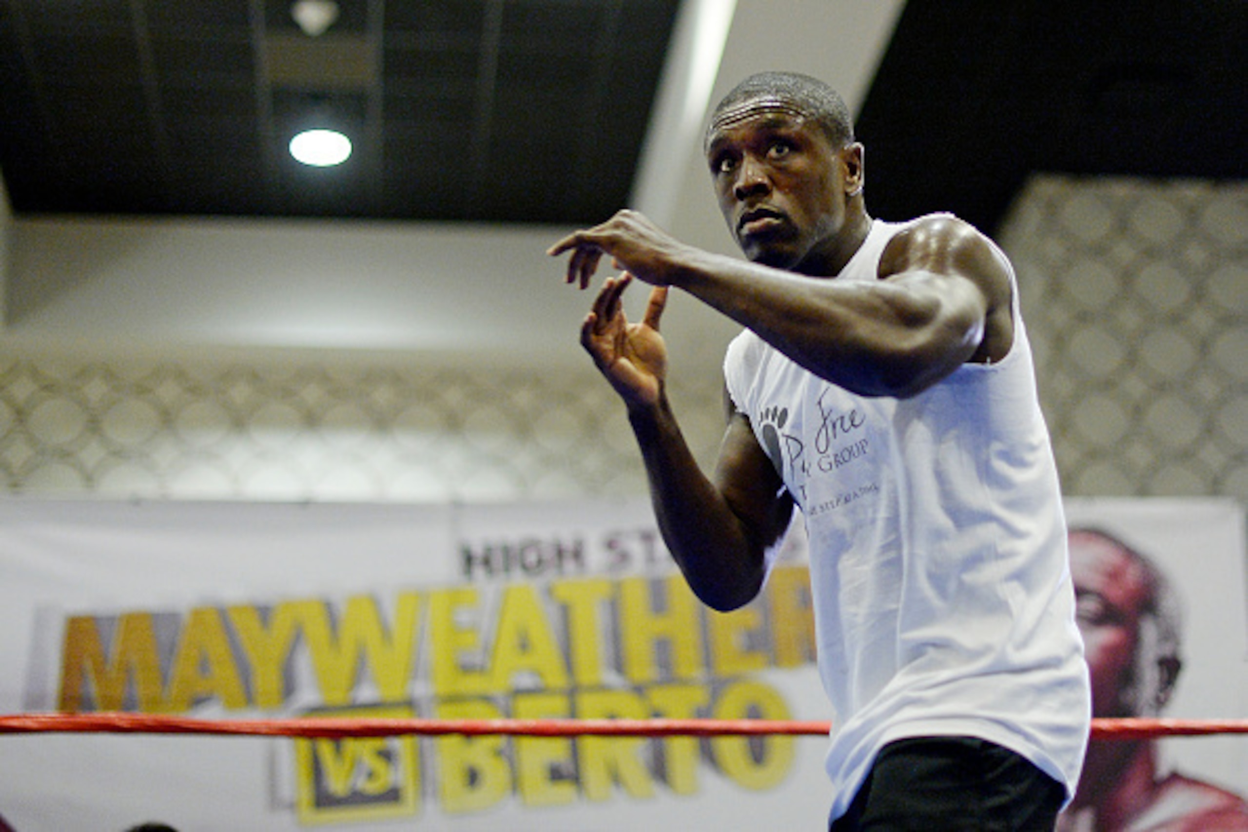 LOS ANGELES, CA - AUGUST 28: Andre Berto, former two-time welterweight world champion, spars during a media workout in preparation for his fight against Floyd Mayweather Jr. August 28, 2015, in Los Angeles, California. Mayweather will defend his WBC/WBA w
