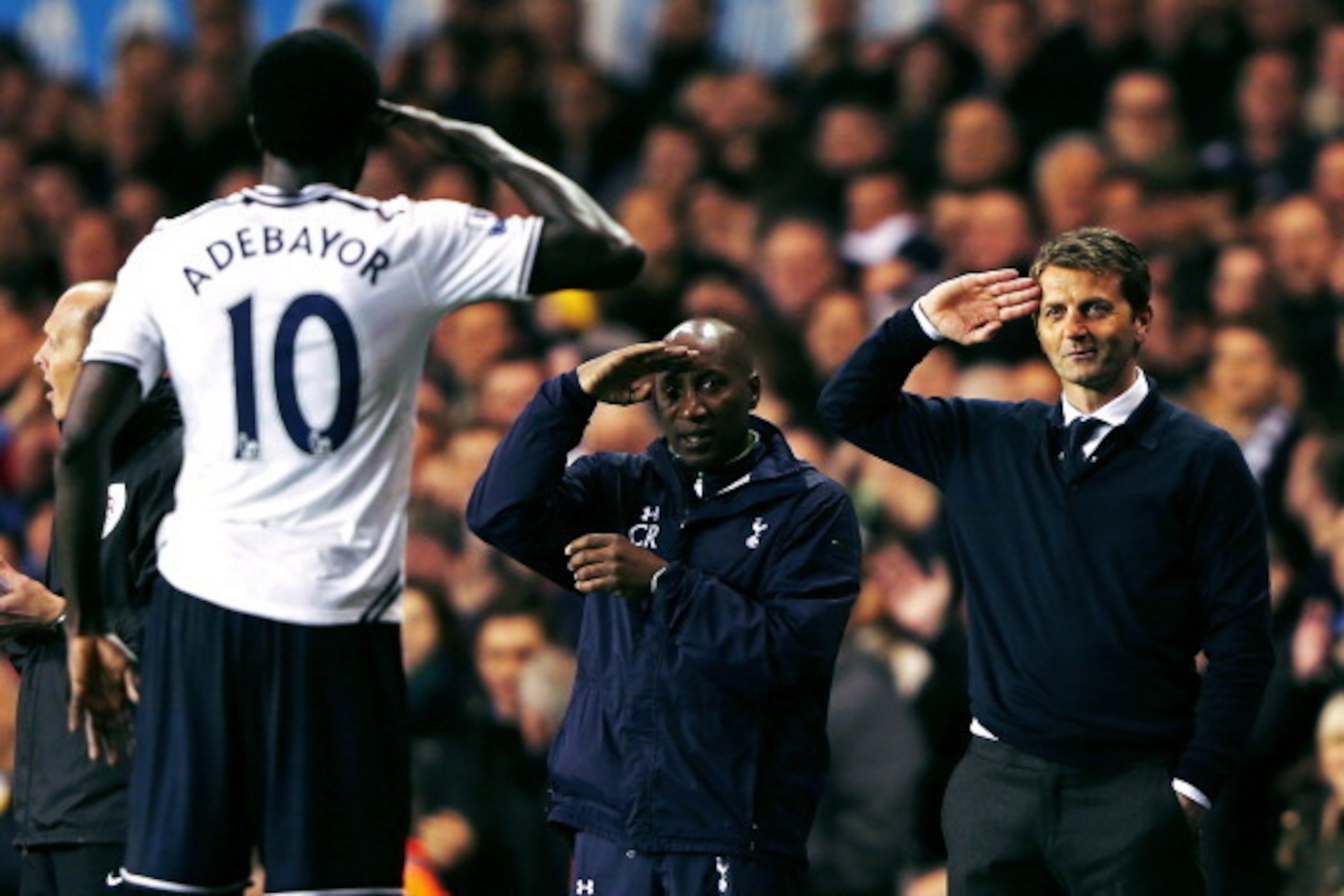 LONDON, ENGLAND - APRIL 07:  (Editors Note: This is a retransmission of #483256333) Emmanuel Adebayor of Tottenham Hotspur celebrates scoring his second goal with Tim Sherwood (R), manager of Tottenham Hotspur and Chris Ramsey during the Barclays Premier 