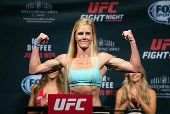 SAN DIEGO, CA - JULY 14:  Holly Holm steps on the scale during the UFC weigh-in at the Valley View Casino Center on July 14, 2015 in San Diego, California. (Photo by Jeff Bottari/Zuffa LLC/Zuffa LLC via Getty Images)