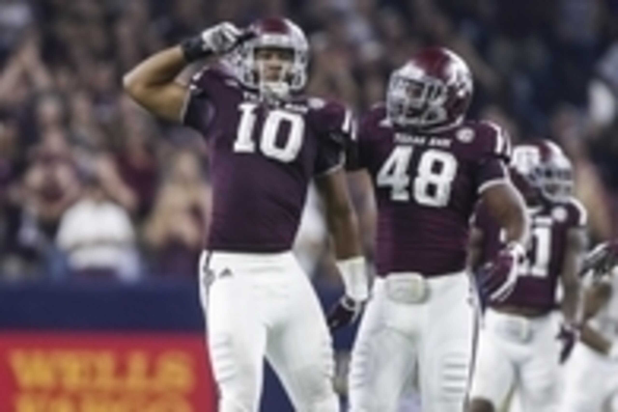 Sep 5, 2015; Houston, TX, USA; Texas A&M Aggies defensive lineman Daeshon Hall (10) celebrates after a defensive play during the fourth quarter against the Arizona State Sun Devils at NRG Stadium. Mandatory Credit: Troy Taormina-USA TODAY Sports