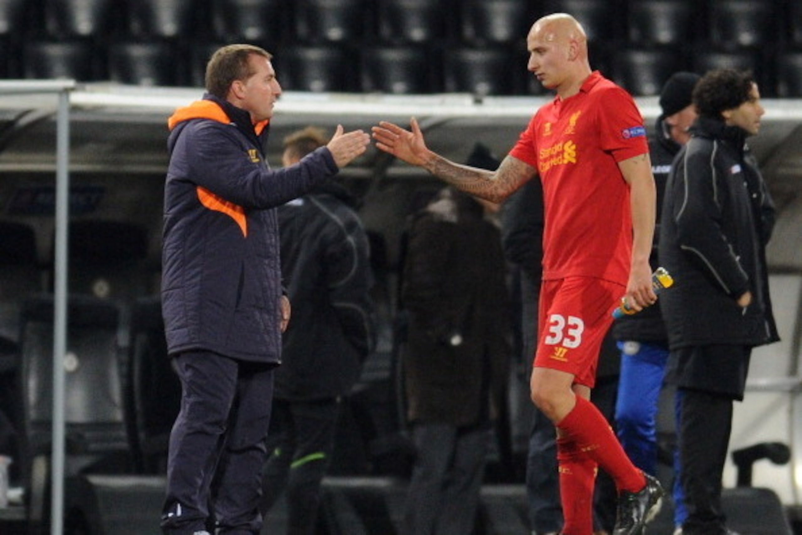 UDINE, ITALY - DECEMBER 06:  Liverpool head coach Brendan Rodgers (L) celebrtate victory with Jonjo Shelvey during the UEFA Europa League Group A match between Udinese Calcio and Liverpool FC at Stadio Friuli on December 6, 2012 in Udine, Italy.  (Photo b