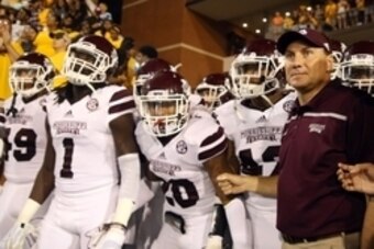 Sep 5, 2015; Hattiesburg, MS, USA; Mississippi State Bulldogs head coach Dan Mullen with his players before they enter M.M. Roberts Stadium to play the Southern Miss Golden Eagles. Mandatory Credit: Chuck Cook-USA TODAY Sports