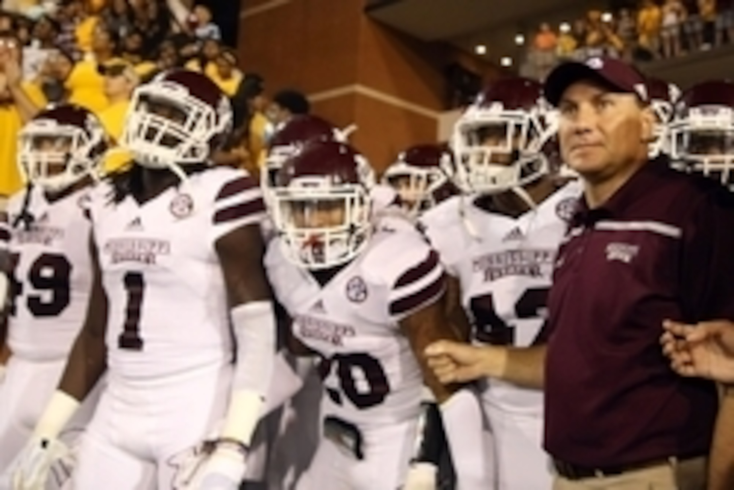 Sep 5, 2015; Hattiesburg, MS, USA; Mississippi State Bulldogs head coach Dan Mullen with his players before they enter M.M. Roberts Stadium to play the Southern Miss Golden Eagles. Mandatory Credit: Chuck Cook-USA TODAY Sports