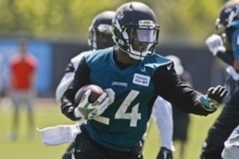 Jun 16, 2015; Jacksonville, FL, USA; Jacksonville Jaguars running back T.J. Yeldon (24) runs during minicamp at the Florida Blue Health and Wellness Practice Fields. Mandatory Credit: Phil Sears-USA TODAY Sports