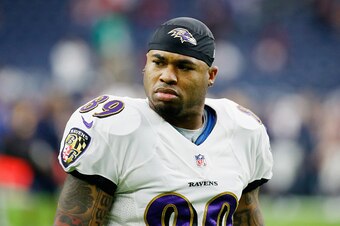 HOUSTON, TX - DECEMBER 21:  Steve Smith Sr. #89 of the Baltimore Ravens works out on the field before the start of the game against the Houston Texans at NRG Stadium on December 21, 2014 in Houston, Texas.  (Photo by Scott Halleran/Getty Images)