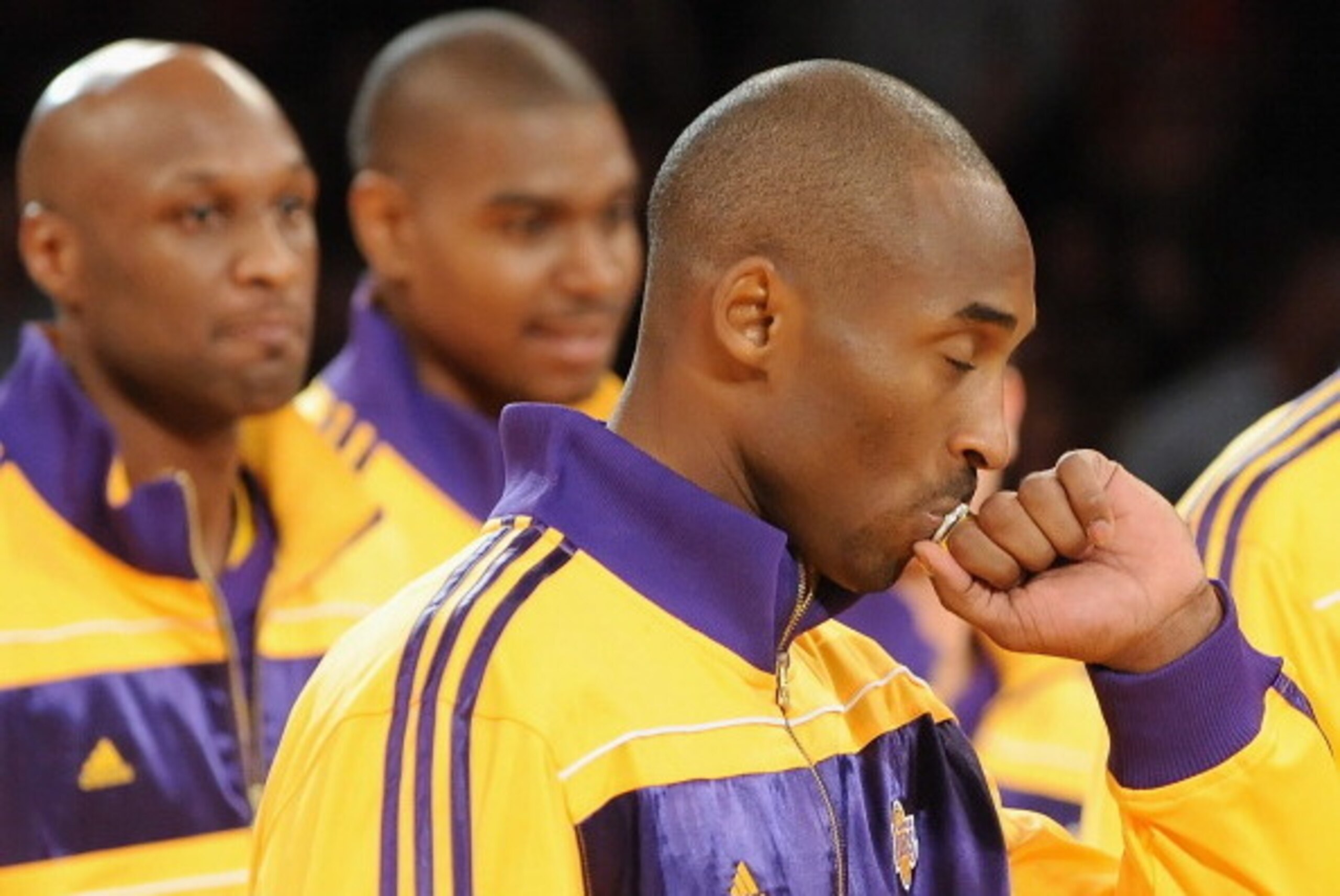 LOS ANGELES - OCTOBER 26:  Kobe Bryant #24 of the Los Angeles Lakers kisses his 2009-2010 Championship Ring during a ceremony prior to their opening night game against the Houston Rockets at the Staples Center on October 26, 2010 in Los Angeles, Californi
