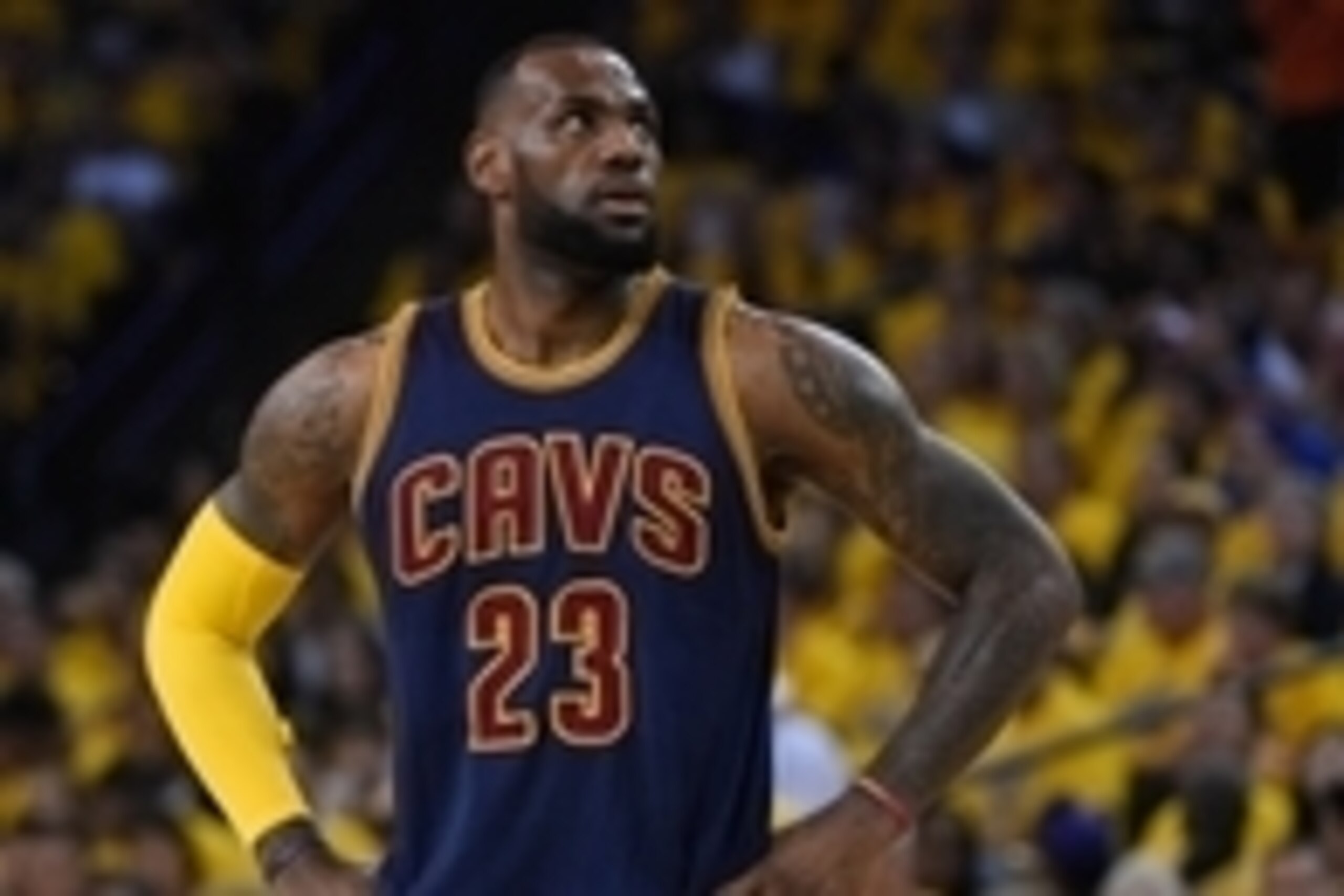 Jun 7, 2015; Oakland, CA, USA; Cleveland Cavaliers forward LeBron James (23) looks on during the first quarter in game two of the NBA Finals against the Golden State Warriors at Oracle Arena. The Cavaliers defeated the Warriors 95-93. Mandatory Credit: Ky