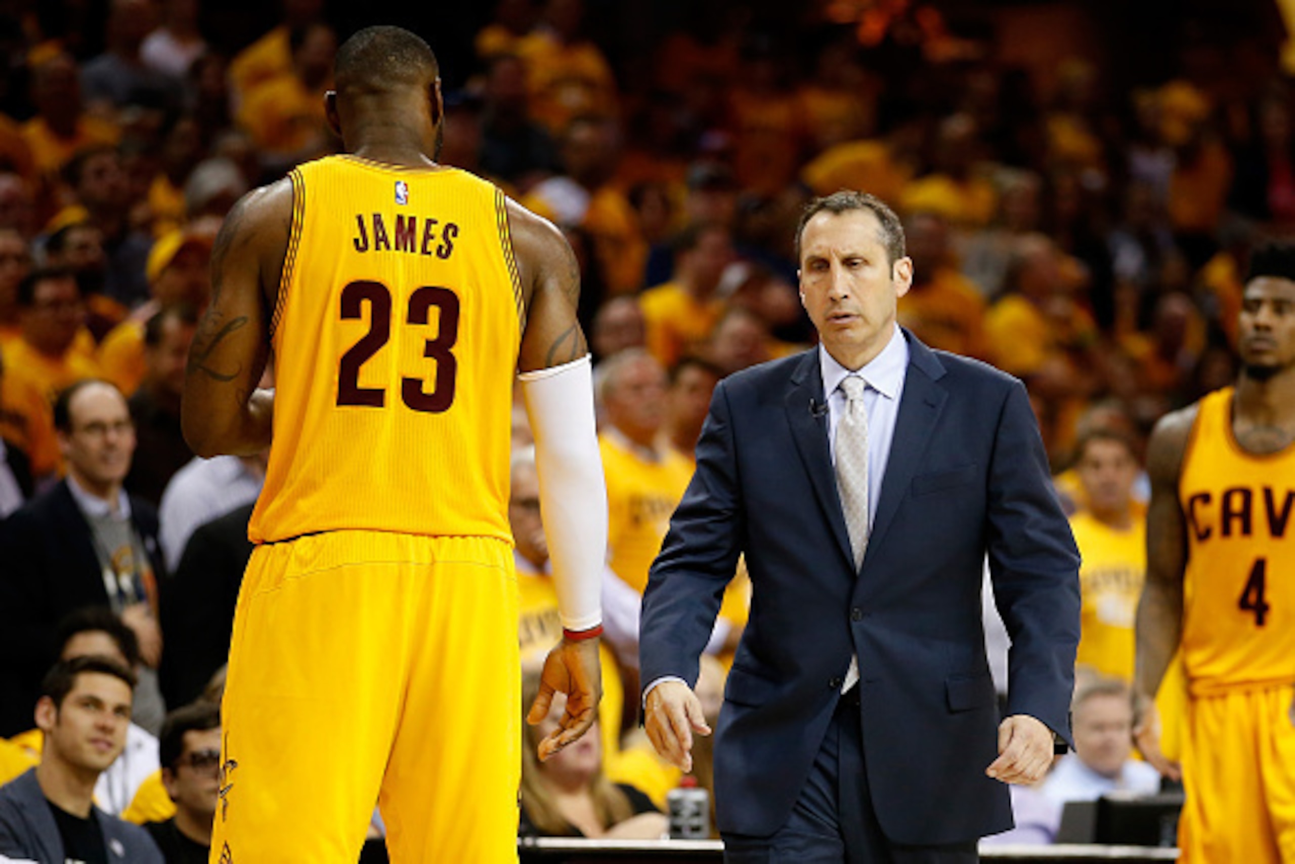 CLEVELAND, OH - MAY 26: LeBron James #23 and David Blatt of the Cleveland Cavaliers look on late in the game against the Atlanta Hawks during Game Four of the Eastern Conference Finals of the 2015 NBA Playoffs at Quicken Loans Arena on May 26, 2015 in Cle