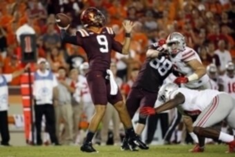 Sep 7, 2015; Blacksburg, VA, USA; Virginia Tech Hokies quarterback Brenden Motley (9) passes the ball during the third quarter against the Ohio State Buckeyes at Lane Stadium. Mandatory Credit: Peter Casey-USA TODAY Sports