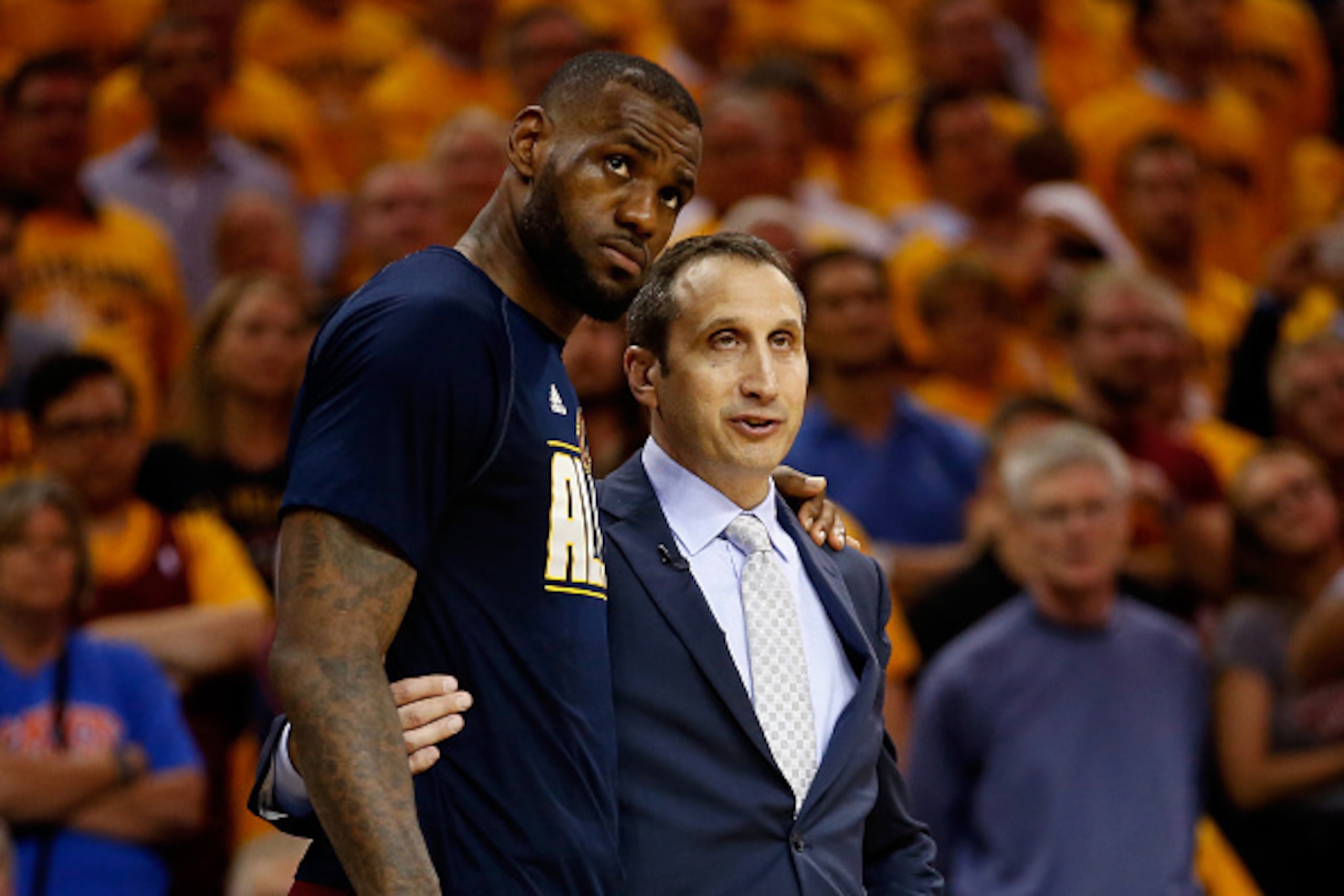 CLEVELAND, OH - MAY 26:  LeBron James #23 of the Cleveland Cavaliers and head coach David Blatt  speak late in the fourth quarter against the Atlanta Hawks during Game Four of the Eastern Conference Finals of the 2015 NBA Playoffs at Quicken Loans Arena o