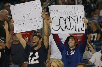 FOXBORO, MA - SEPTEMBER 3:   Fans show support Tom Brady #12 of the New England Patriots during a pre-season game with the New York Giants at Gillette Stadium on September 3, 2015 in Foxboro, Massachusetts. (Photo by Jim Rogash/Getty Images)