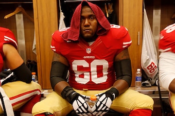 SANTA CLARA, CA - SEPTEMBER 3: Brandon Thomas #60 of the San Francisco 49ers sits in the locker room prior to the game against the San Diego Chargers at Levi Stadium on September 3, 2015 in Santa Clara, California. The 49ers defeated the Chargers 14-12. (