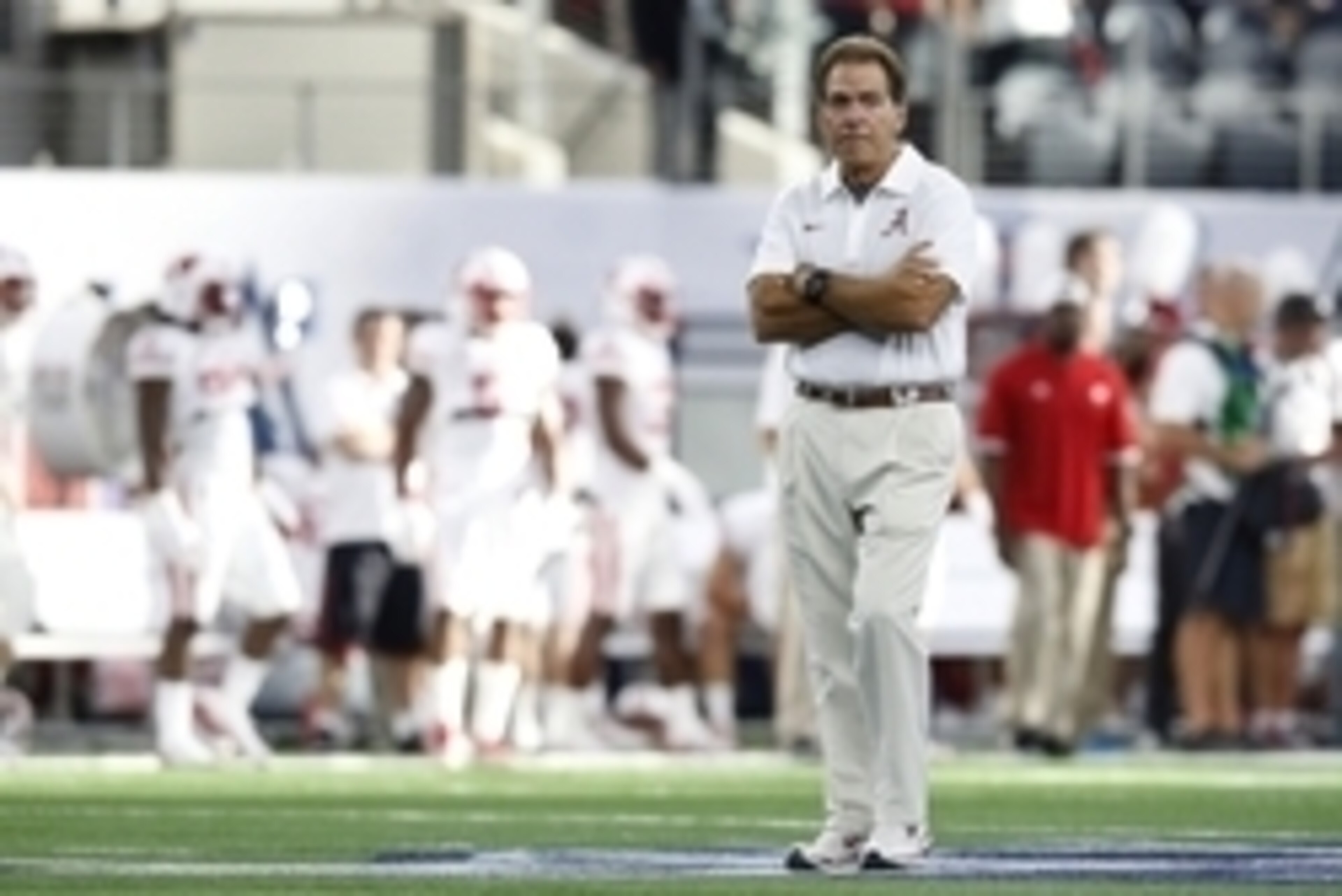 Sep 5, 2015; Arlington, TX, USA; Alabama Crimson Tide head coach Nick Saban on the field prior to the game against the Wisconsin Badgers at AT&T Stadium. Mandatory Credit: Matthew Emmons-USA TODAY Sports