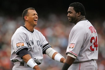 SAN FRANCISCO - JULY 10:  American League All-Star Alex Rodriguez #13 of the New York Yankees laughs with David Ortiz #34 of the Boston Red Sox prior to the 78th Major League Baseball All-Star Game at AT&T Park on July 10, 2007 in San Francisco, Californi