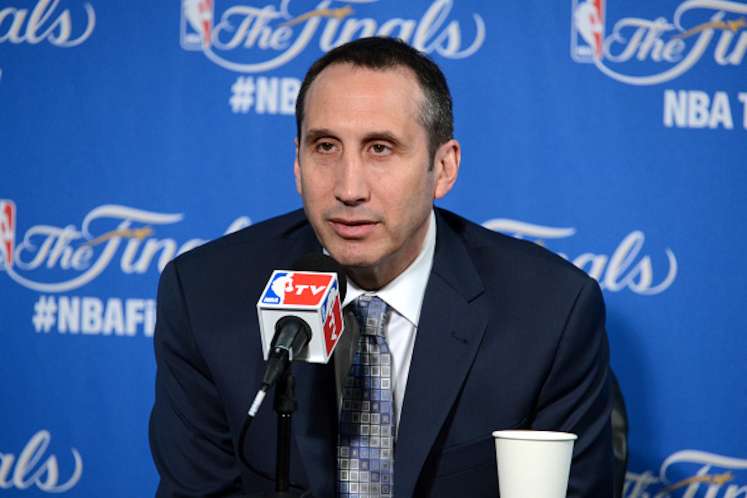 OAKLAND, CA - JUNE 14: David Blatt of the Cleveland Cavaliers speaks to the media before Game Five of the 2015 NBA Finals against the Golden State Warriors on June 14, 2015 at ORACLE Arena in Oakland, CA. NOTE TO USER: User expressly acknowledges and agre