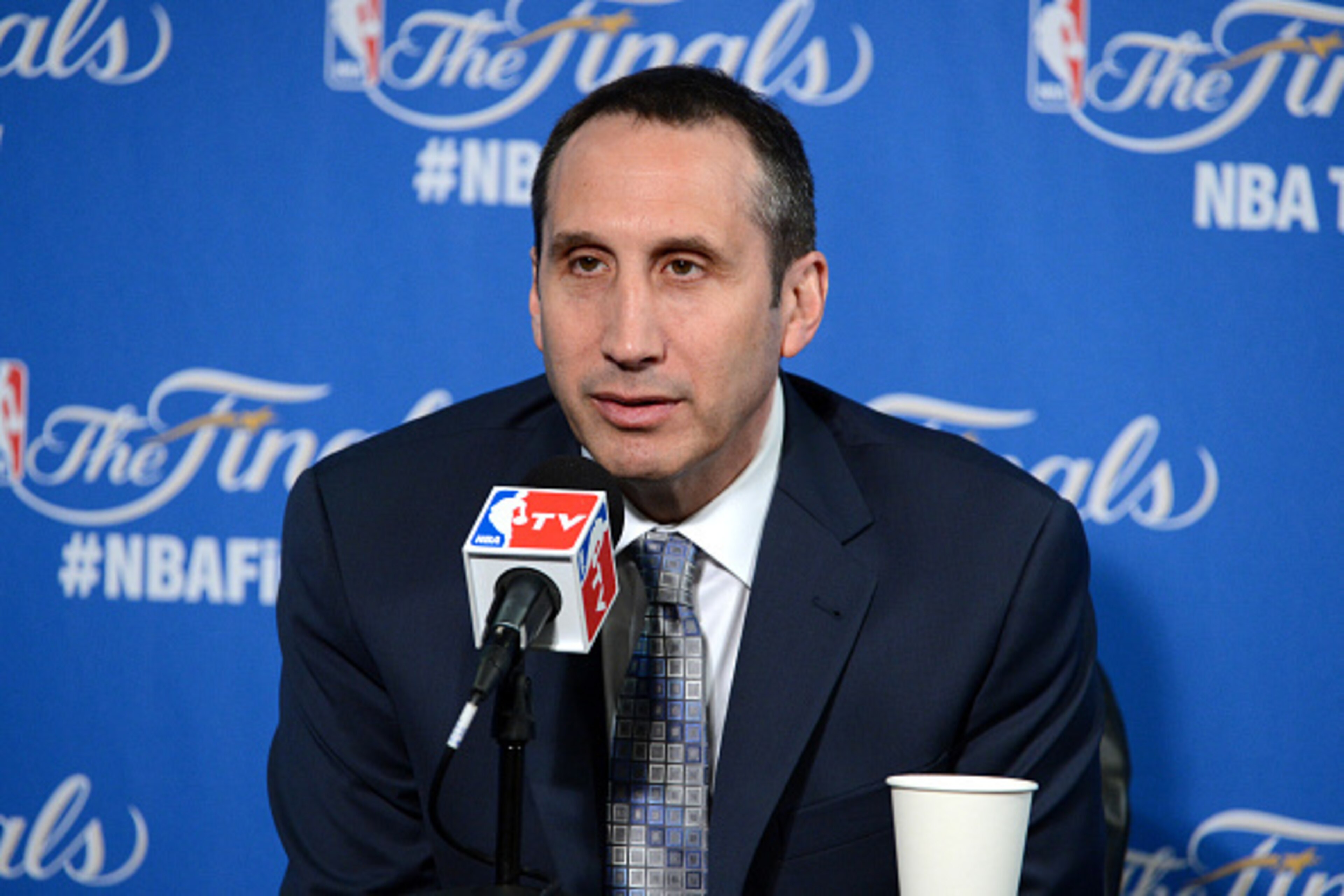 OAKLAND, CA - JUNE 14: David Blatt of the Cleveland Cavaliers speaks to the media before Game Five of the 2015 NBA Finals against the Golden State Warriors on June 14, 2015 at ORACLE Arena in Oakland, CA. NOTE TO USER: User expressly acknowledges and agre