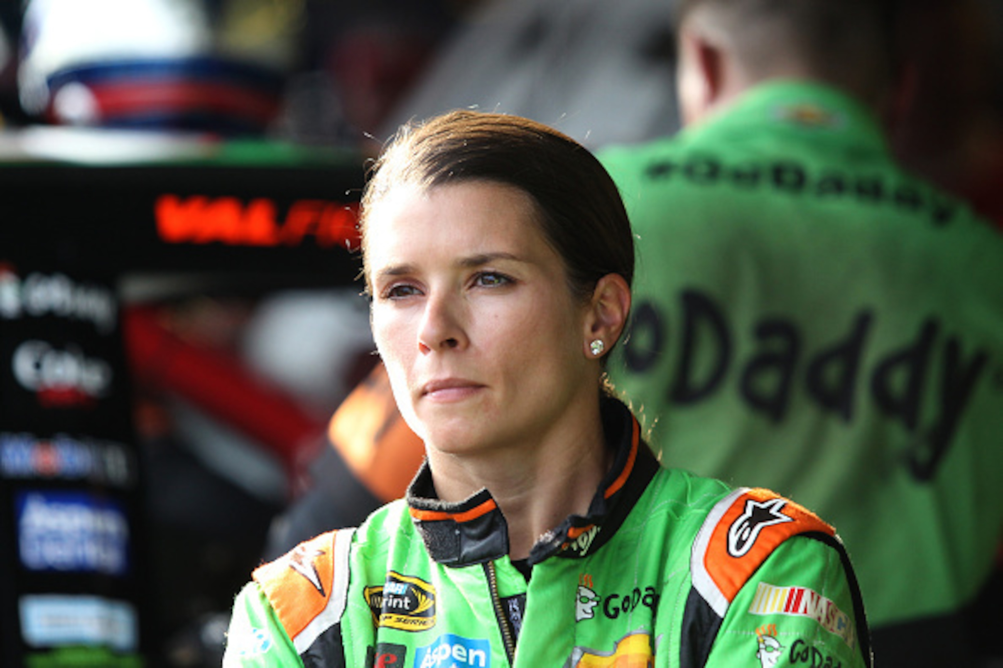 DARLINGTON, SC - SEPTEMBER 04:  Danica Patrick, driver of the #10 GoDaddy Chevrolet, looks on in the garage area during practice for the NASCAR Sprint Cup Series Bojangles' Southern 500 at Darlington Raceway on September 4, 2015 in Darlington, South Carol