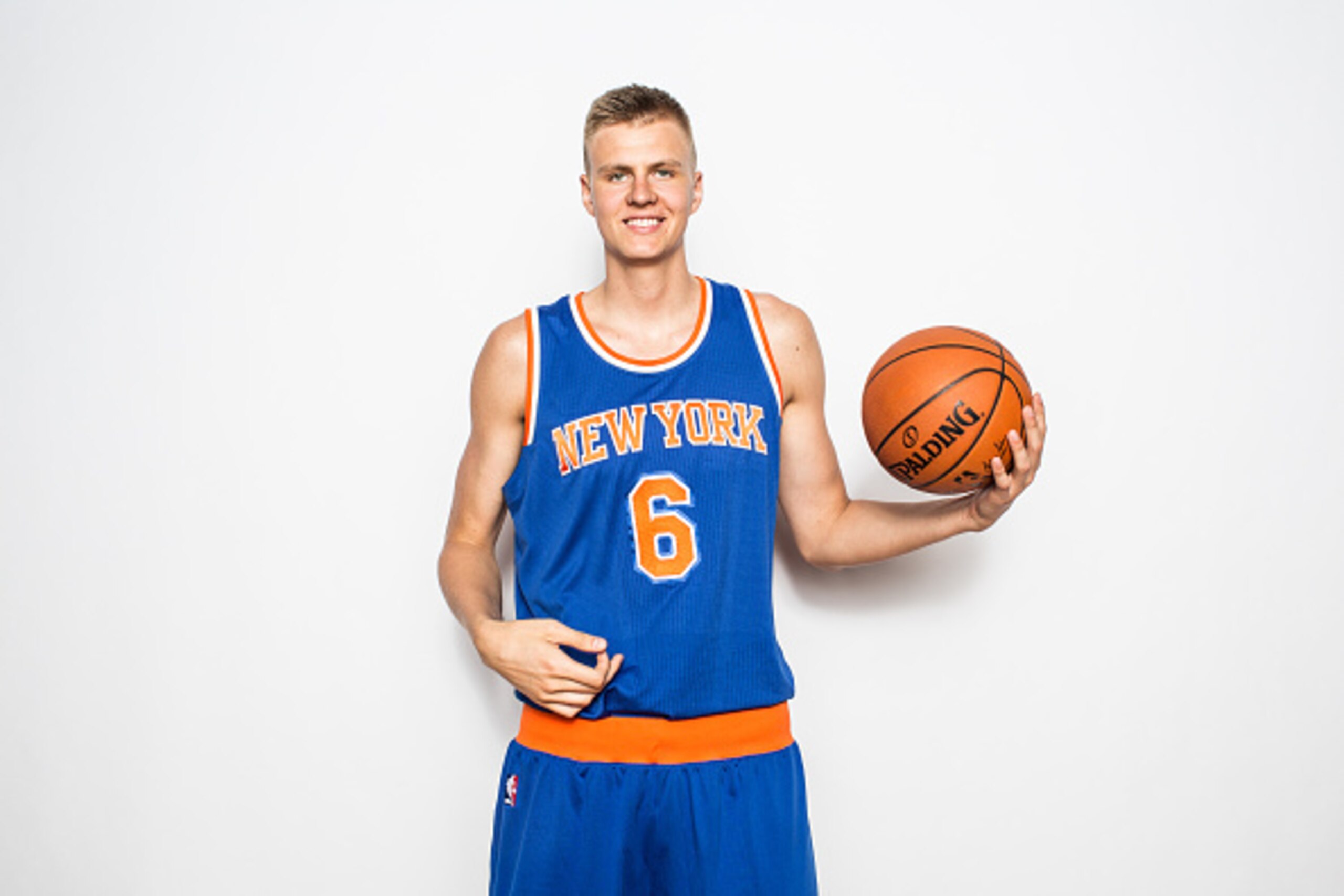 TARRYTOWN, NY - AUGUST 08:  Kristaps Porzingis #6 of the New York Knicks poses for a portrait during the 2015 NBA rookie photo shoot on August 8, 2015 at the Madison Square Garden Training Facility in Tarrytown, New York. NOTE TO USER: User expressly ackn