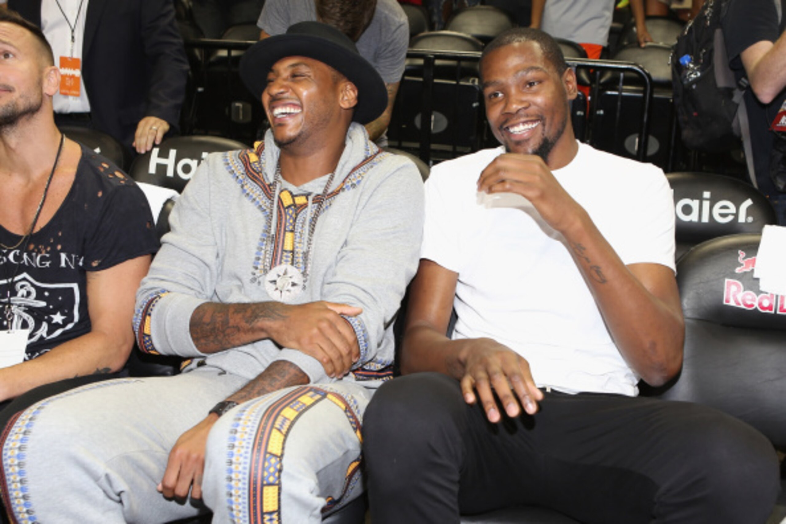 NEW YORK, NY - AUGUST 21:  Carmelo Anthony and Kevin Durant attend the 2014 Summer Classic Charity Basketball Game at Barclays Center on August 21, 2014 in New York City.  (Photo by Jerritt Clark/Getty Images)