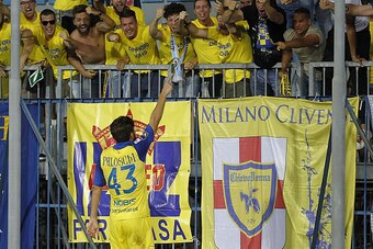 EMPOLI, ITALY - AUGUST 23: Alberto Paloschi of AC Chievo Verona celebrates after scoring a goal during the Serie A match between Empoli FC and AC Chievo Verona at Stadio Carlo Castellani on August 23, 2015 in Empoli, Italy.  (Photo by Gabriele Maltinti/Ge