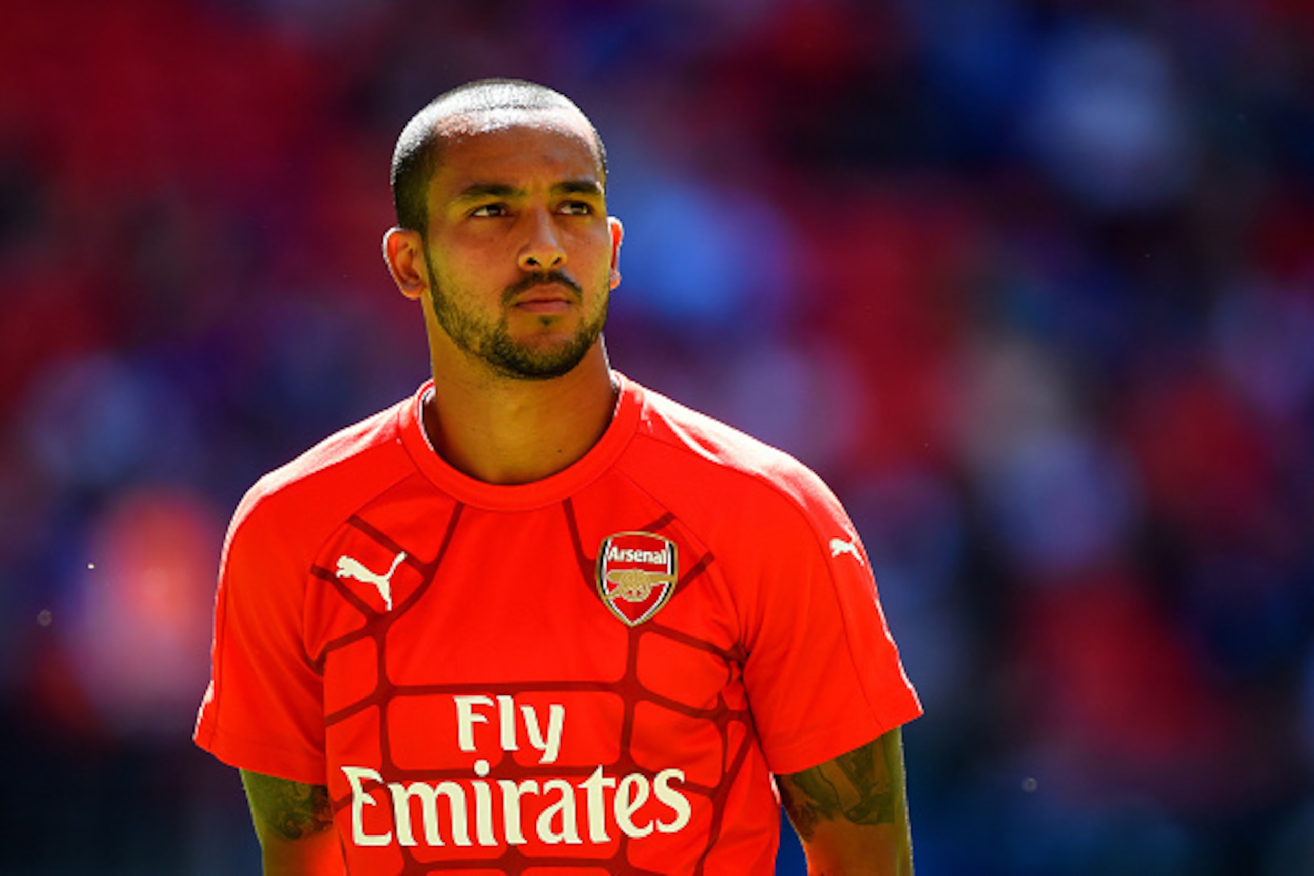 LONDON, ENGLAND - AUGUST 02:  Theo Walcott of Arsenal is seen prior to the FA Community Shield match between Chelsea and Arsenal at Wembley Stadium on August 2, 2015 in London, England.  (Photo by Mike Hewitt/Getty Images)