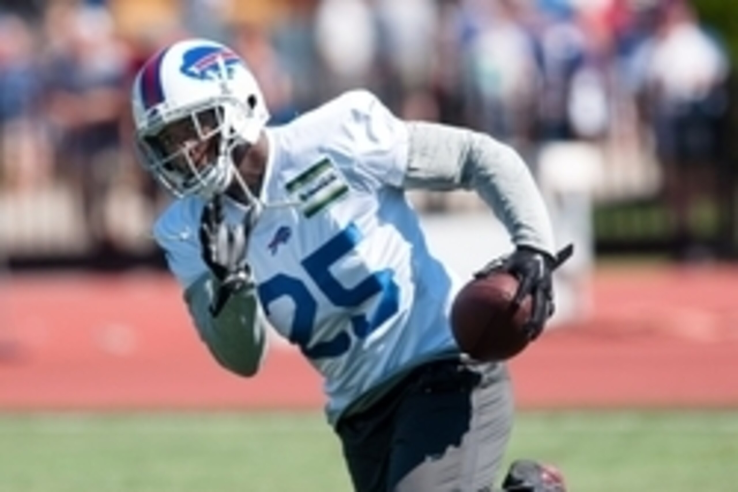 Jul 31, 2015; Pittsford, NY, USA; Buffalo Bills running back LeSean McCoy (25) turns up field after catching a pass during training camp at St. John Fisher College. Mandatory Credit: Mark Konezny-USA TODAY Sports