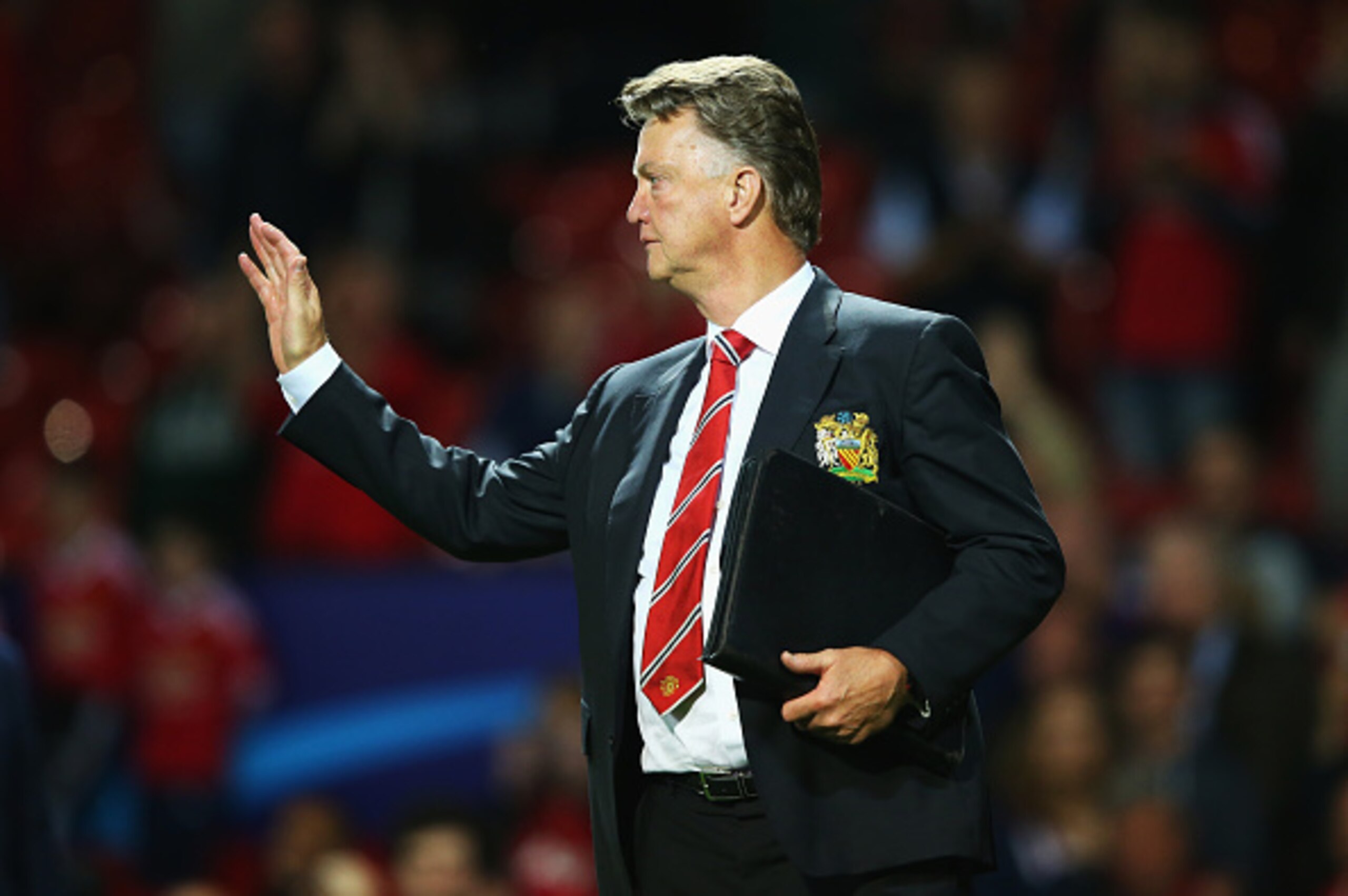 MANCHESTER, ENGLAND - AUGUST 18:  Louis van Gaal, manager of Manchester United celebrates victory after the UEFA Champions League Qualifying Round Play Off First Leg match between Manchester United and Club Brugge at Old Trafford on August 18, 2015 in Man