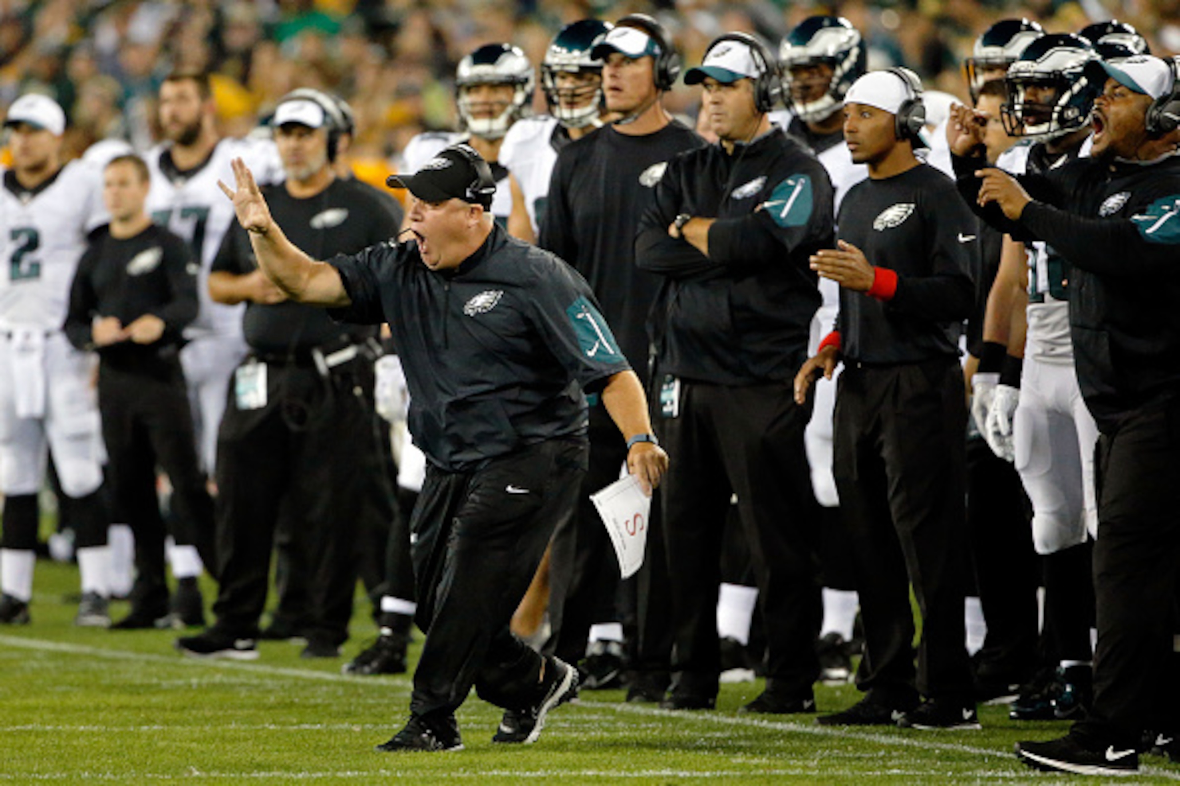 GREEN BAY, WI - AUGUST 29: Head coach Chip Kelly of the Philadelphia Eagles on the sideline during the game against the Green Bay Packers in a preseason game at Lambeau Field on August 29, 2015 in Green Bay, Wisconsin.  (Photo by Jon Durr/Getty Images)
