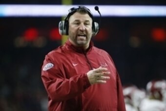 Dec 29, 2014; Houston, TX, USA; Arkansas Razorbacks head coach Bret Bielema during the game against the Texas Longhorns in the 2014 Texas Bowl at NRG Stadium. Mandatory Credit: Kevin Jairaj-USA TODAY Sports