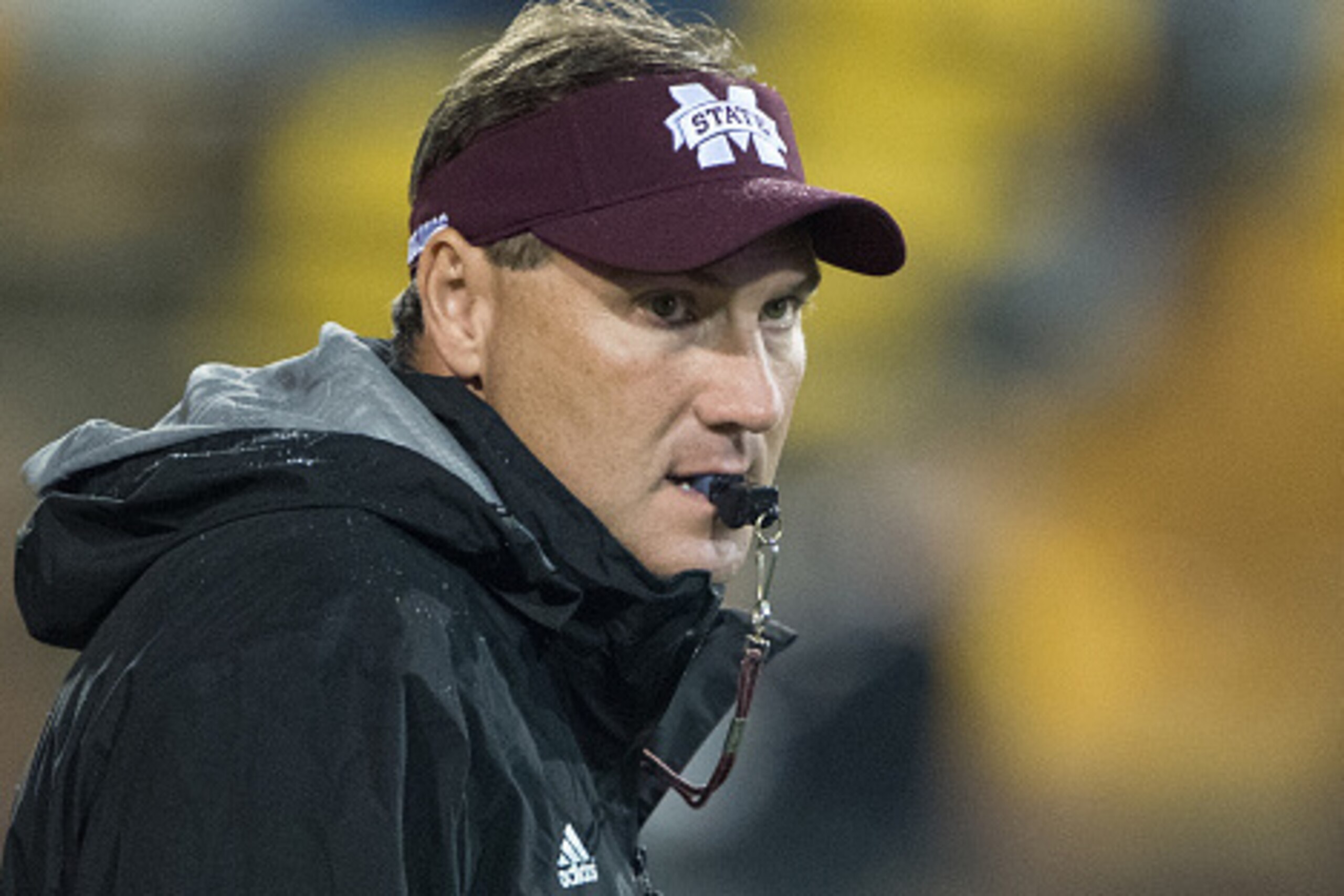 HATTIESBURG, MS - SEPTEMBER 5: Head coach Dan Mullen on the Mississippi State Bulldogs watches his team warm up prior to their game against the Southern Miss Golden Eagles on September 5, 2015 at M.M. Roberts Stadium in Hattiesburg, Mississippi. The Missi